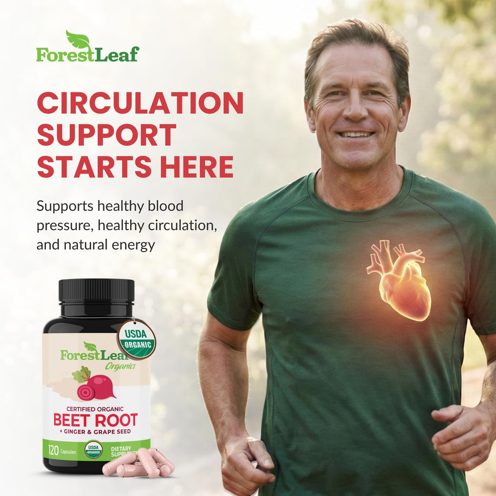 ForestLeaf USDA Organic Beet Root Capsules - Beetroot Supplement 1000mg 20:1 Extract w/Ginger Grape Seed - Support Blood Pressure, Nitric Oxide