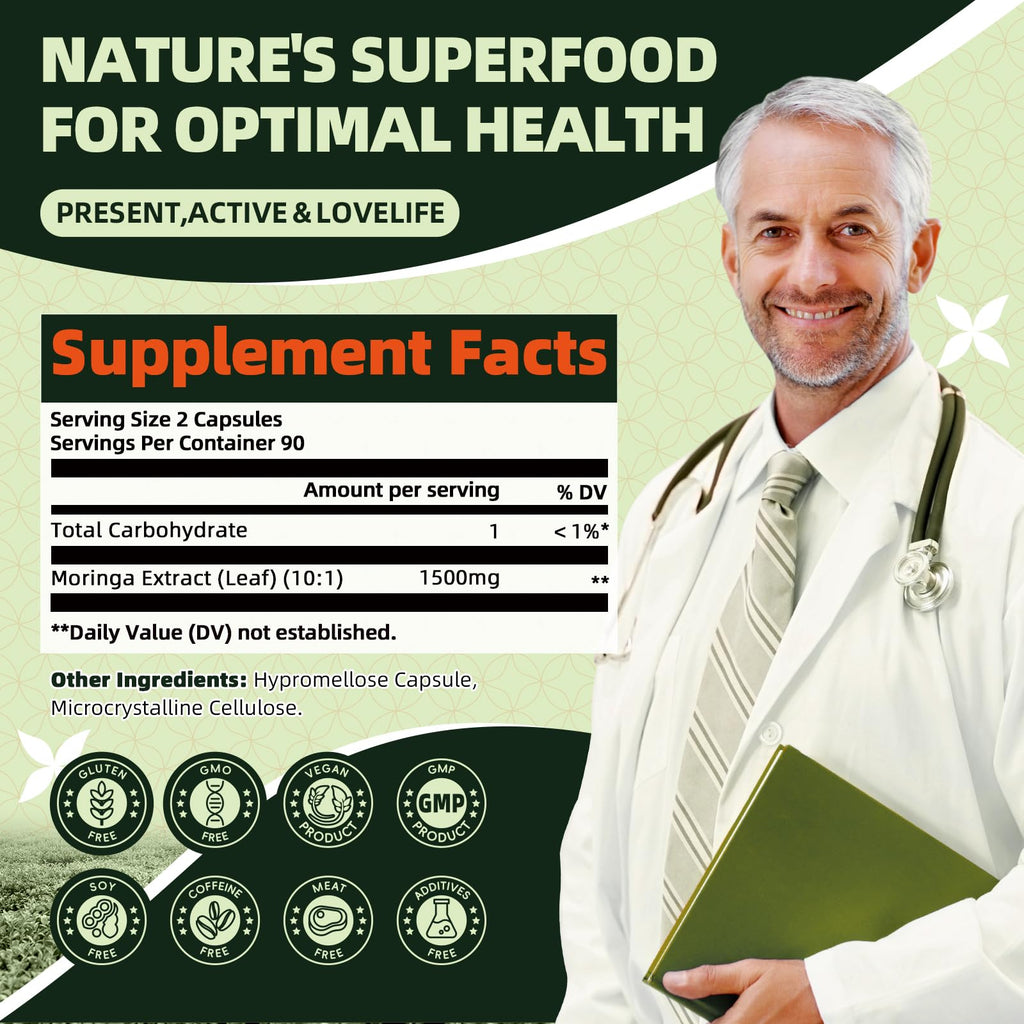 GREENPEOPLE Whole-Leaf Moringa Capsules 1500mg - High Potency 10:1 Moringa Oleifera Leaf Extract - Natural Green Superfood for Energy & Immune Support