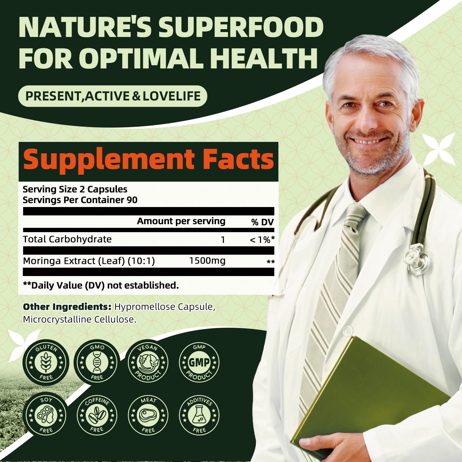 GREENPEOPLE Whole-Leaf Moringa Capsules 1500mg - High Potency 10:1 Moringa Oleifera Leaf Extract - Natural Green Superfood for Energy & Immune Support