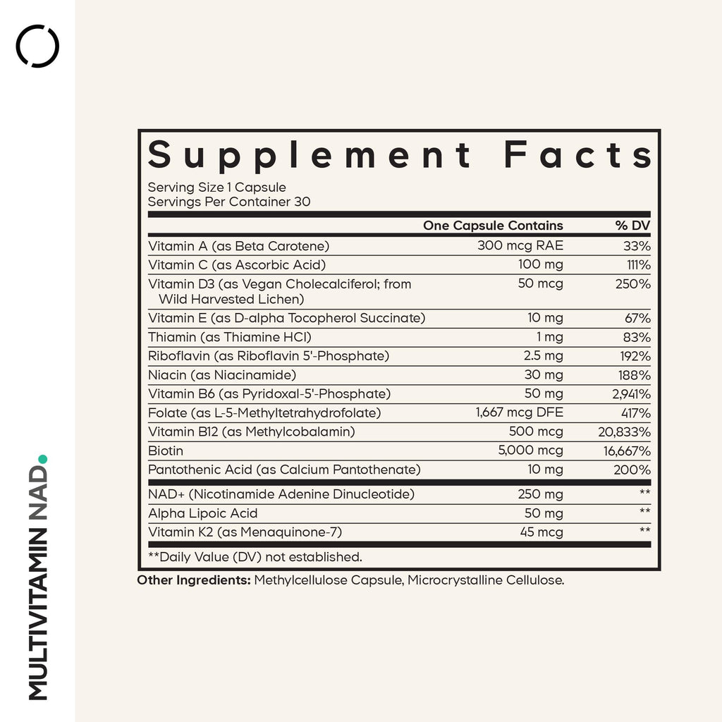 Codeage Multivitamin NAD Supplement - NAD+ Energy & Healthy Aging Support - Vitamin D3 K2, P5P, Methylated B12, Alpha Lipoic Acid, Folate, Riboflavin, Biotin, B Complex Pills - Non-GMO - 30 Capsules Codeage Au supplements