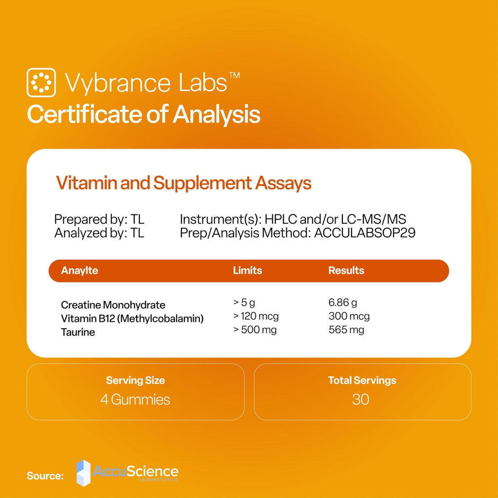 VYBRANCE LABS Creapure Creatine Gummies 5g + Taurine & B12 - Sugar-Free, Vegan, Gluten-Free - Citrus Mango - 120 Count (30 Servings) for Strength, Energy & Focus VYBRANCE LABS Au supplements