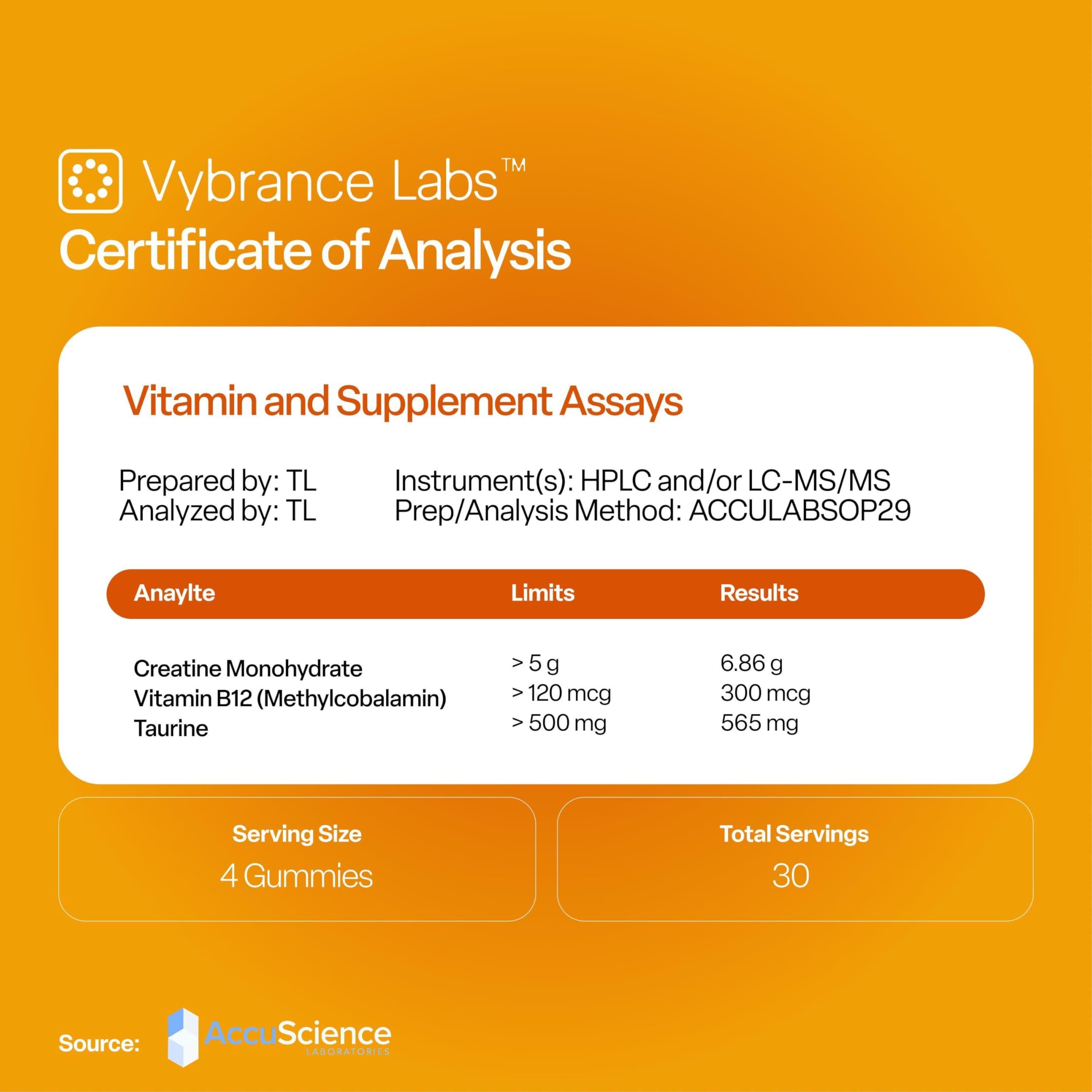 VYBRANCE LABS Creapure Creatine Gummies 5g + Taurine & B12 - Sugar-Free, Vegan, Gluten-Free - Citrus Mango - 120 Count (30 Servings) for Strength, Energy & Focus VYBRANCE LABS Au supplements