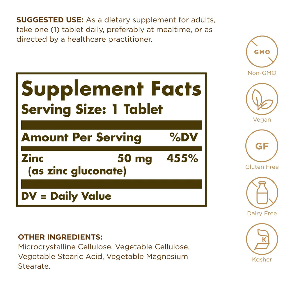 Solgar Zinc 50 mg, 100 Tablets - Zinc for Healthy Skin, Taste & Vision - Immune System & Antioxidant Support - Supports Cell Growth & DNA Formation
