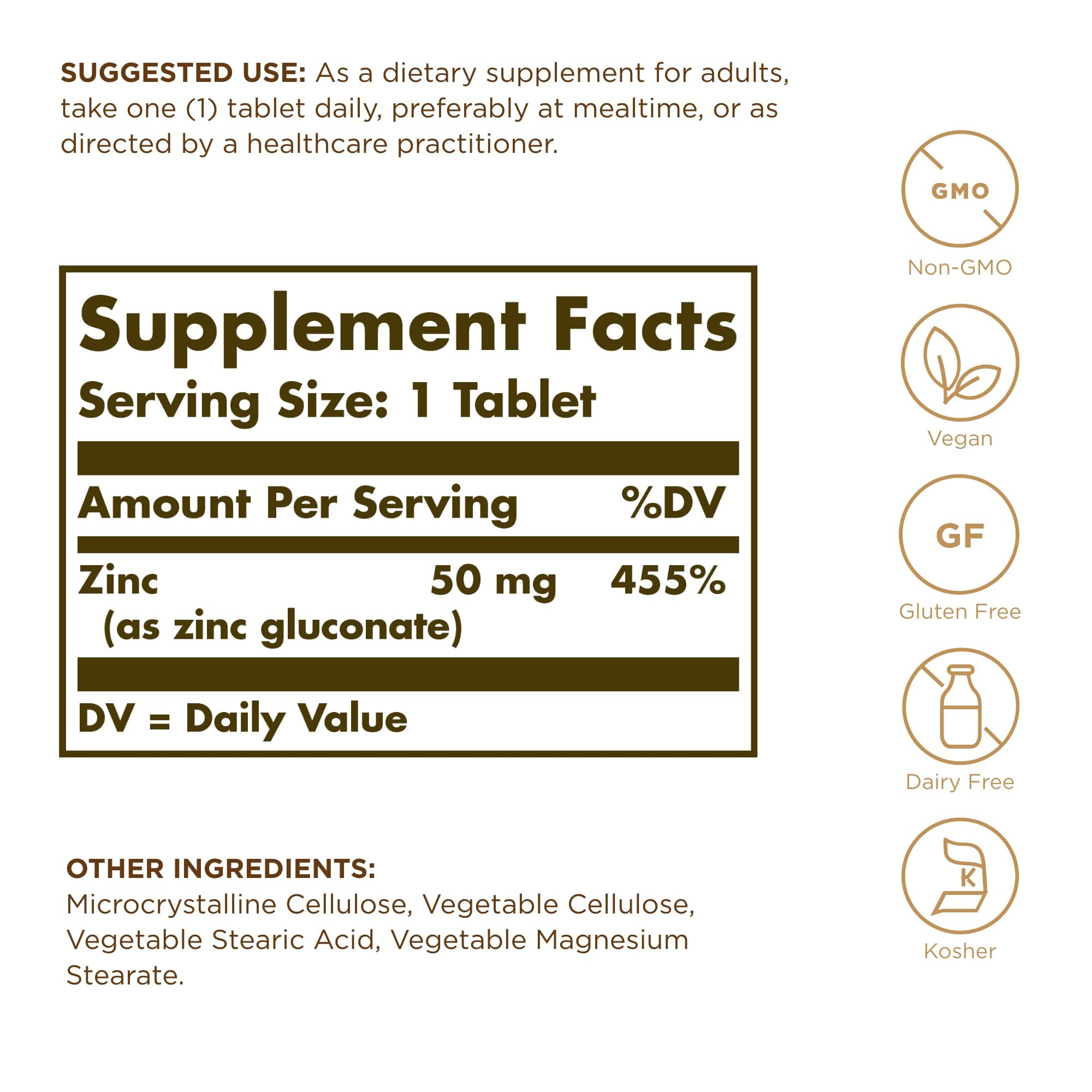 Solgar Zinc 50 mg, 100 Tablets - Zinc for Healthy Skin, Taste & Vision - Immune System & Antioxidant Support - Supports Cell Growth & DNA Formation