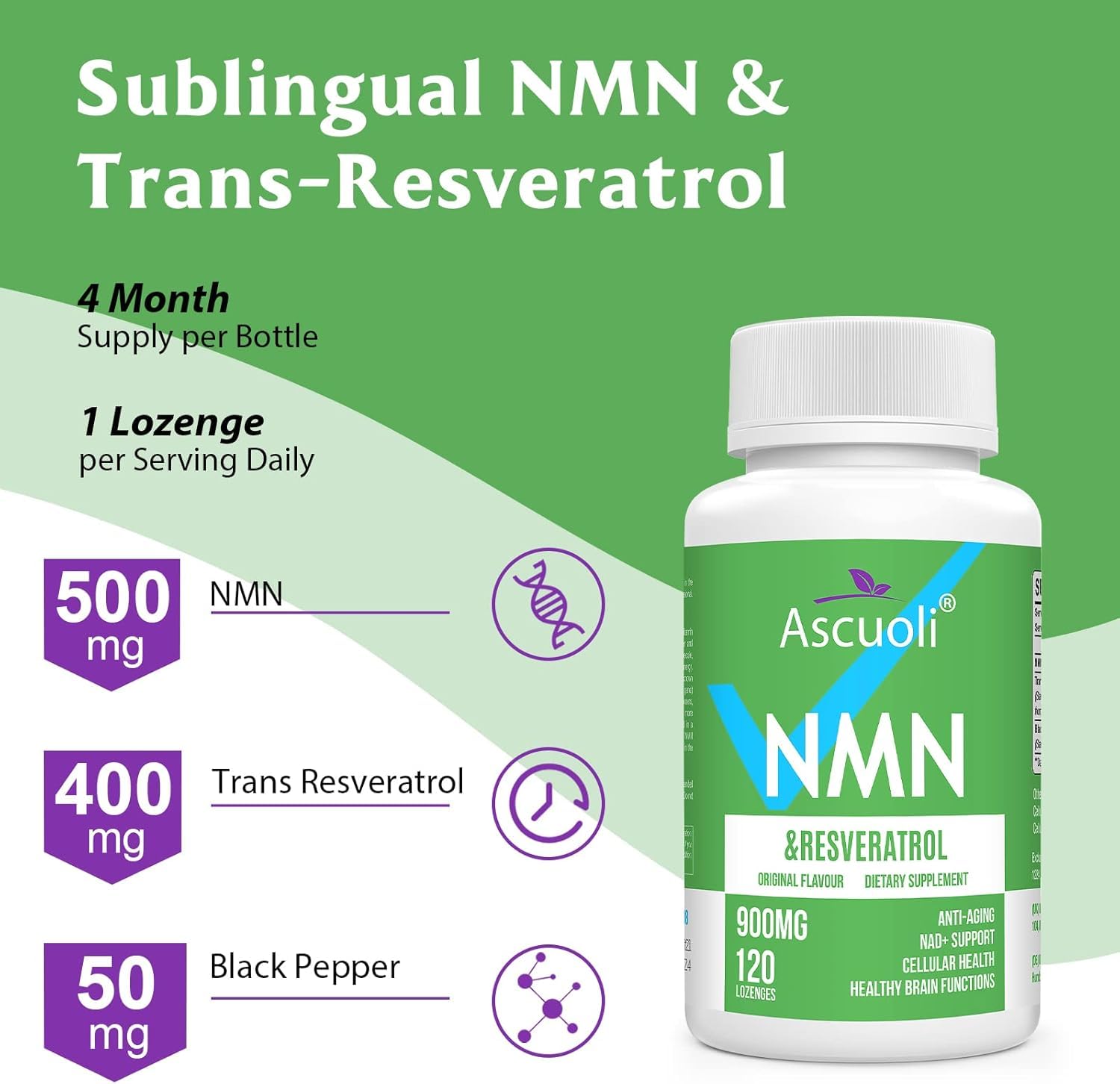 Sublingual NMN 500mg + Trans-Resveratrol 400mg, 3-in-1 Advanced Formula 99% Pure NMN Resveratrol Supplement for Boost* NAD, Cell, Immune, Energy & Muscle, Anti-Aging, 120 Lozenges, 120-Day Supply Ascuoli Au supplements