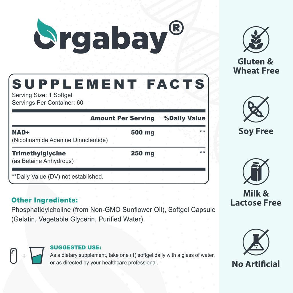 Orgabay Liposomal NAD+ Supplement 500 mg, High Absorption, Boost NAD+ with TMG 250 mg, Actual NAD Plus More Efficient Than Nicotinamide Riboside, Support Cellular Energy, Healthy Aging | 180 Softgels Orgabay Au supplements