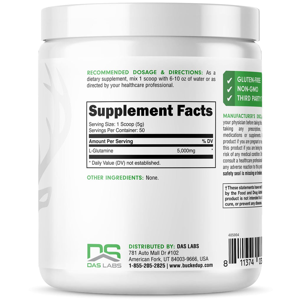 Bucked Up L-Glutamine (5000mg), Essentials (50 Servings, 250 Grams)