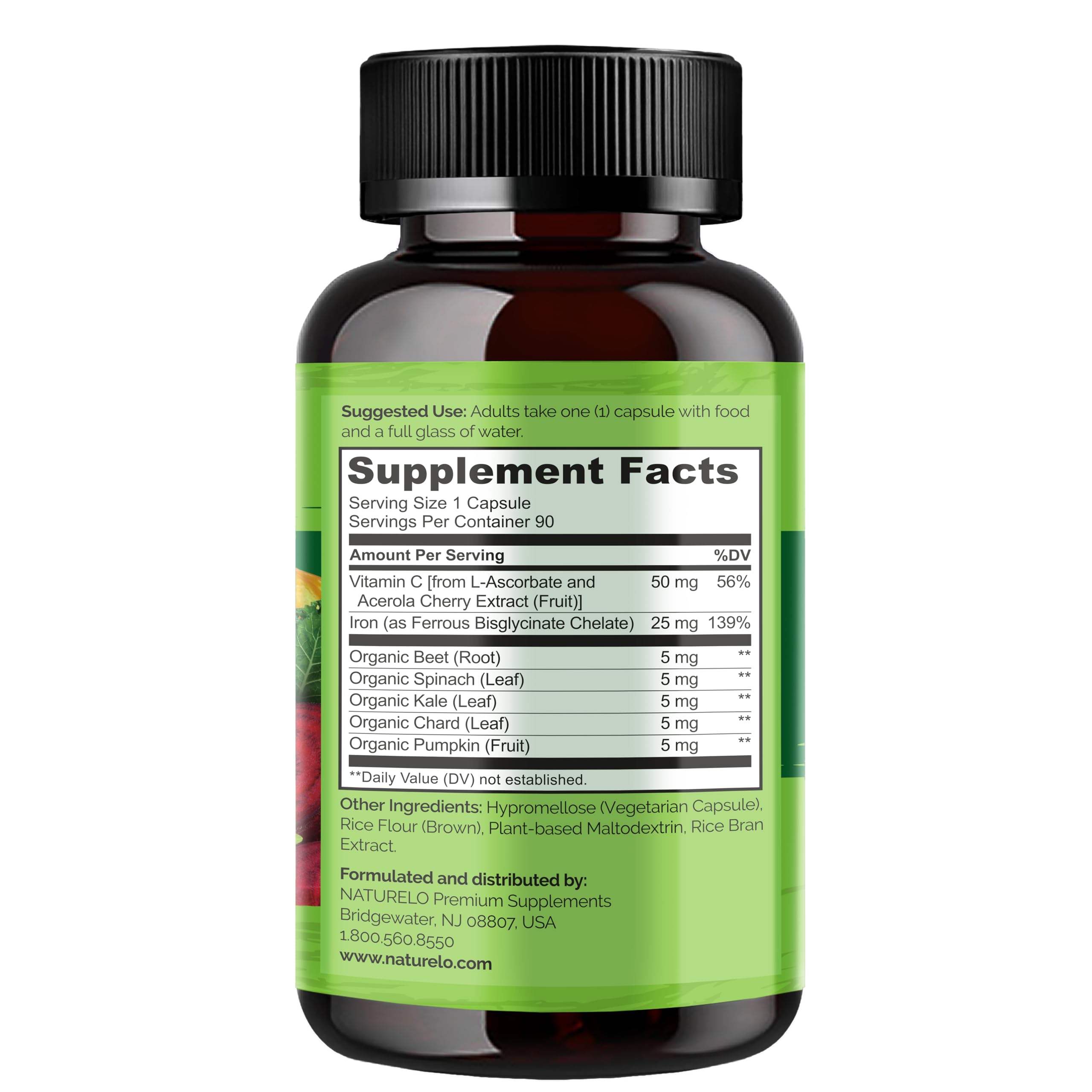NATURELO Vegan Iron Supplement with Vitamin C and Organic Whole Foods - Gentle Iron Pills for Women & Men with Iron Deficiency Including Pregnancy
