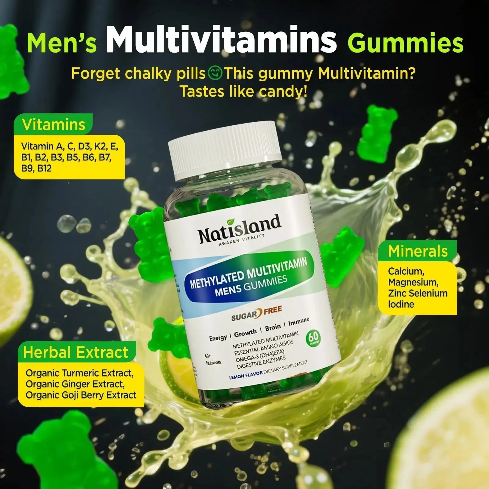 Methylated Multivitamin for Men Gummies, Men`s Multivitamins Gummies with Vitamin B Complex, A, C ,D3, E, K2, Calcium, Magnesium, Omega-3 NATISLAND Au supplements
