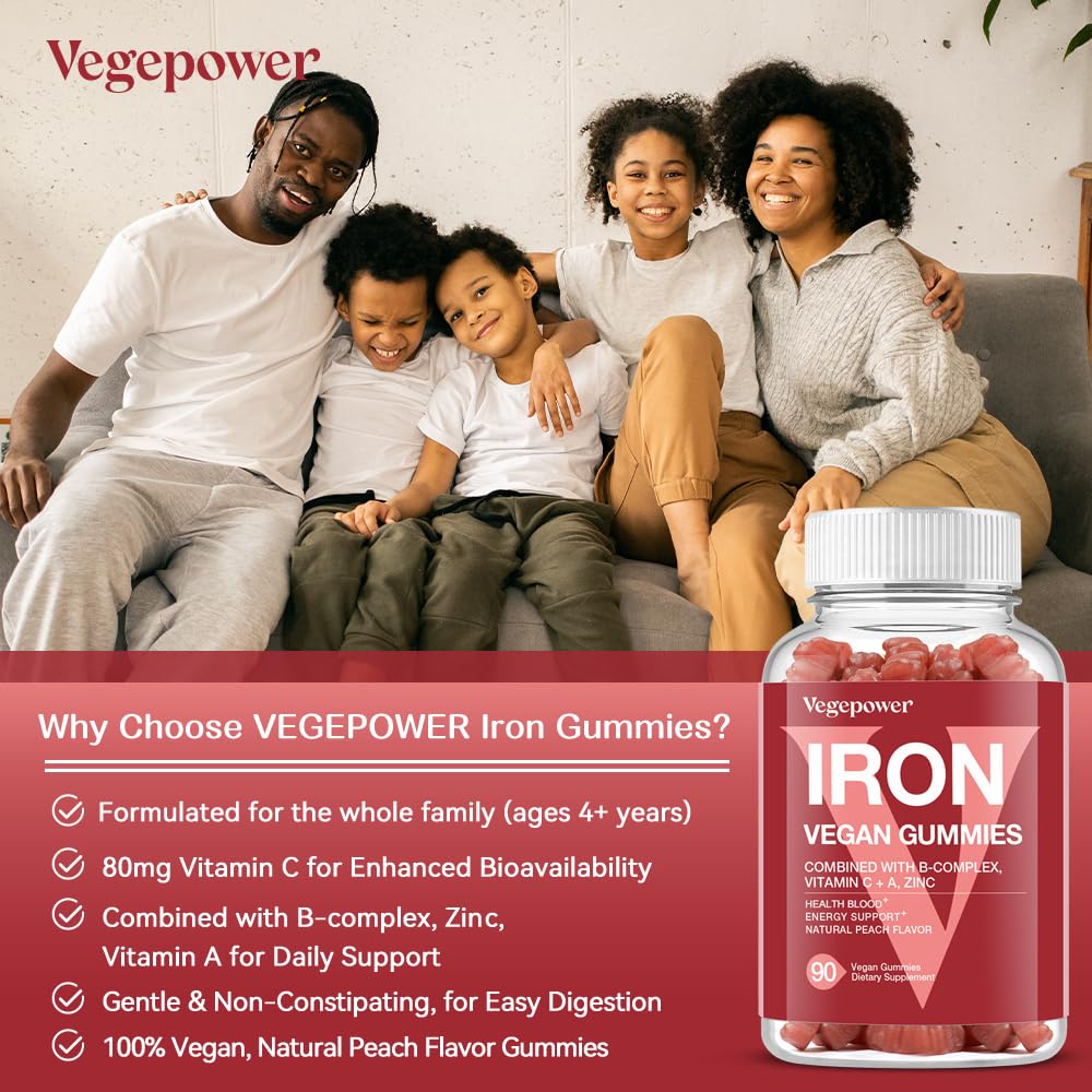 Vegan Iron Gummies Supplement - with Vitamin C, A, B-Complex, Folate, Zinc for Adults & Kids - Health Blood & Energy Support for Iron Deficiency,
