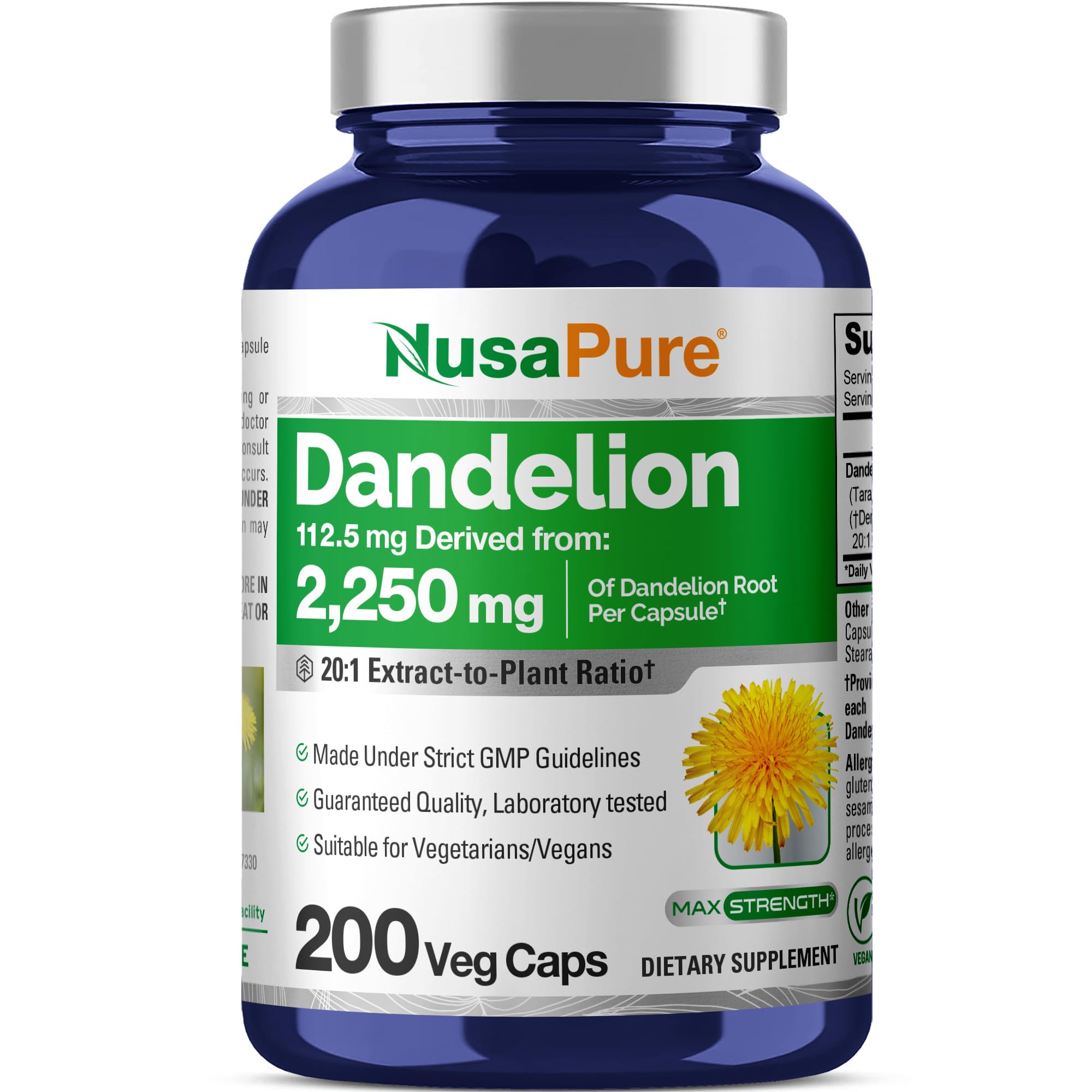 NusaPure Dandelion Root 20:1 Extract, 112.5 mg Equivalent to 2,250 mg 200 Veggie Capsules (Non-GMO, Vegan) NusaPure Au supplements
