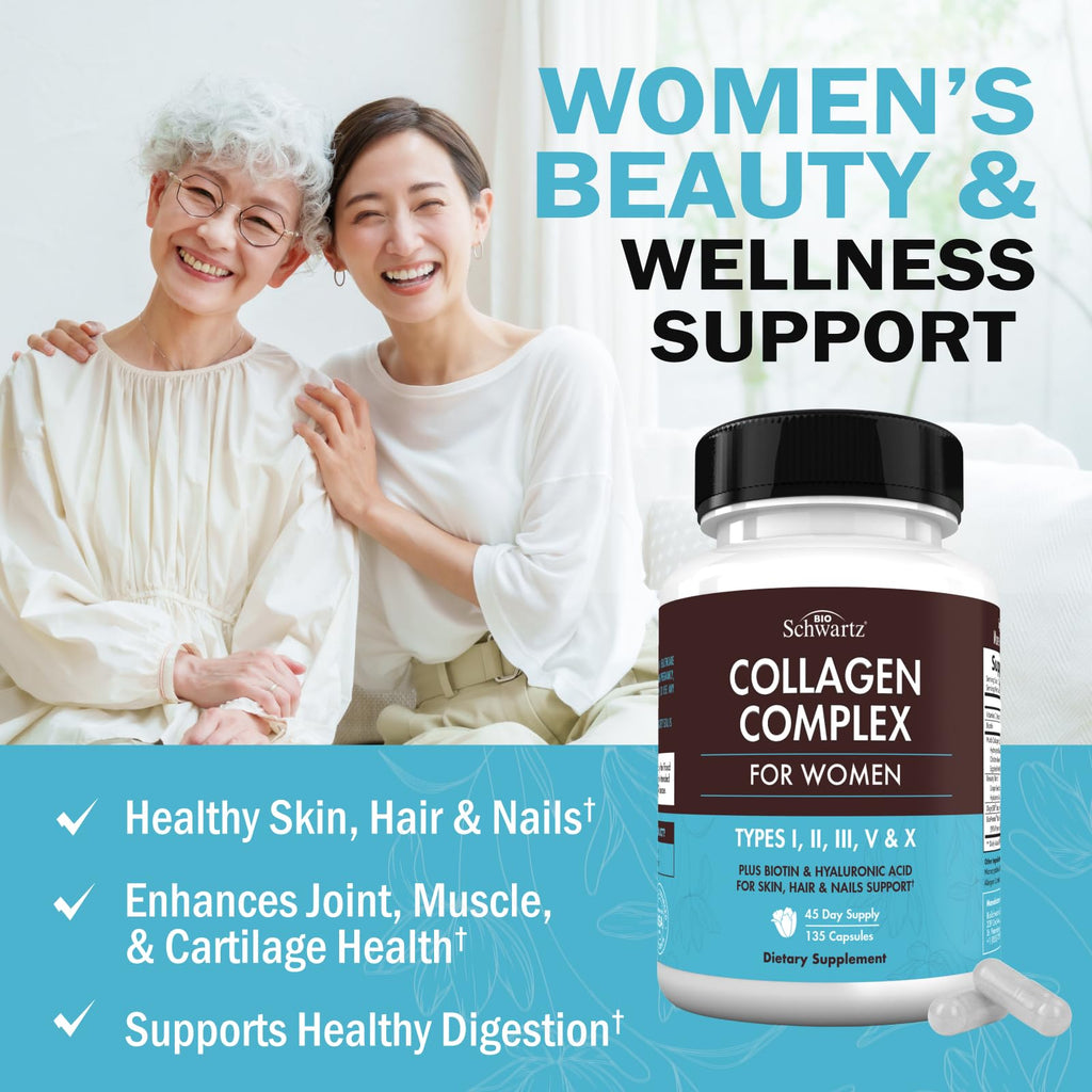 BioSchwartz Hydrolyzed Collagen Peptide Capsules - Multi Collagen Supplements for Women Types I, II, III, V, X with Vitamin C, Biotin,