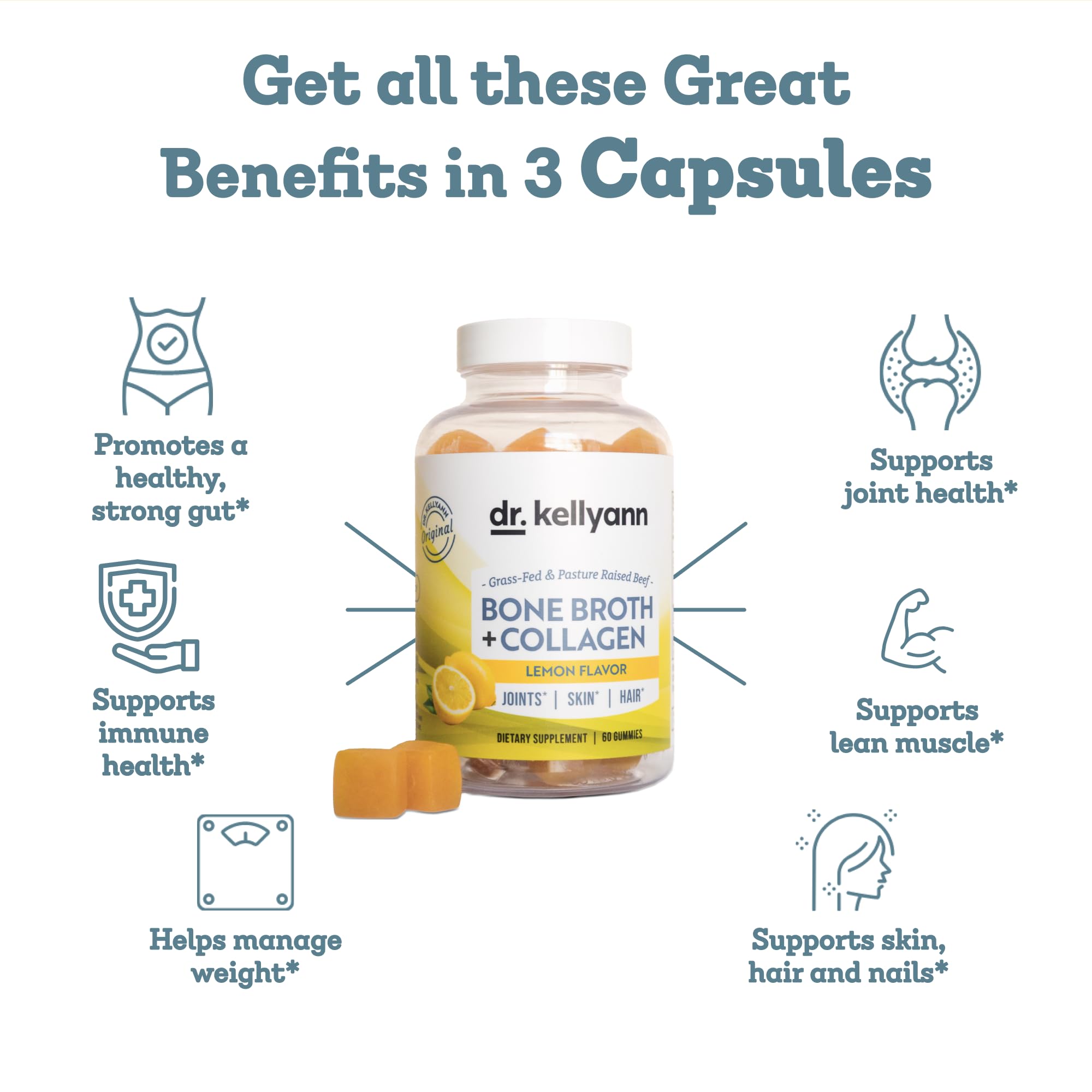 Dr. Kellyann Collagen + Bone Broth Gummies, Lemon | Gut, Skin, Joint & Hair Support | Grass-Fed Beef | Non-GMO, Dairy-Free, Soy-Free | 60 Gummies