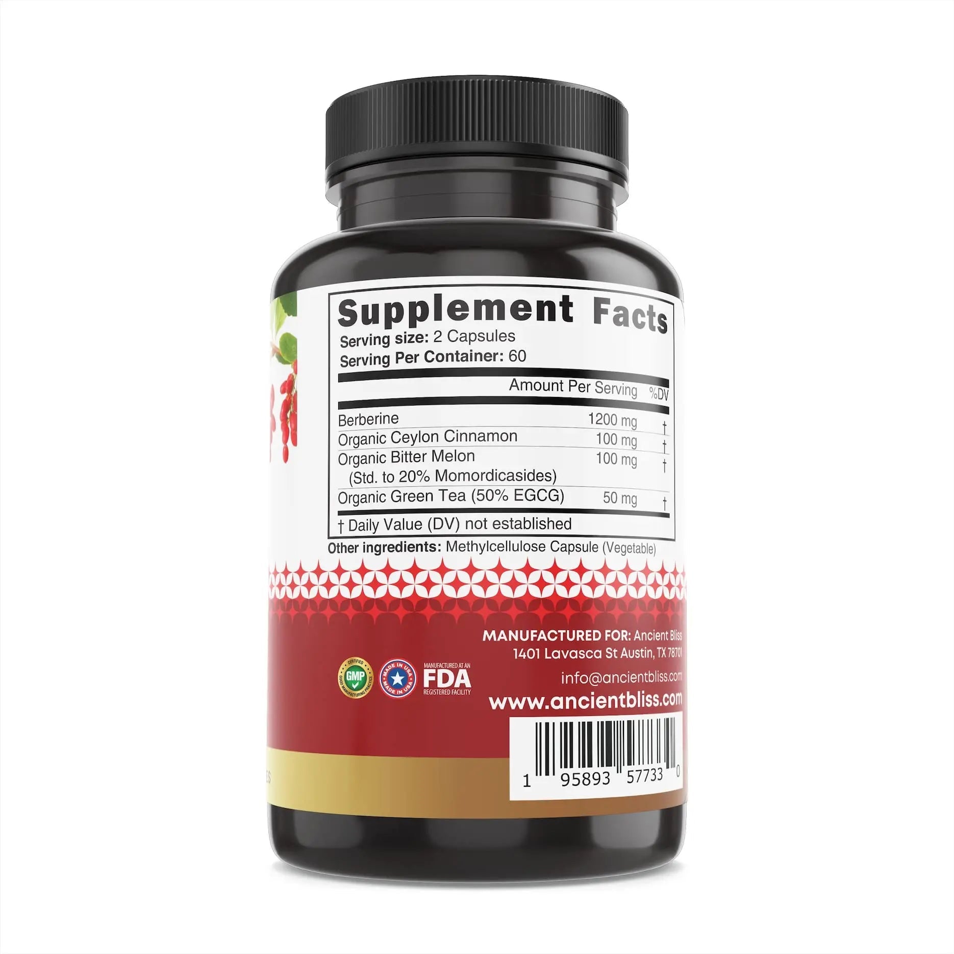 Ancient Bliss Berberine HCL 1200mg with Ceylon Cinnamon, Bitter Melon, and Green Tea Ancient Bliss Au supplements