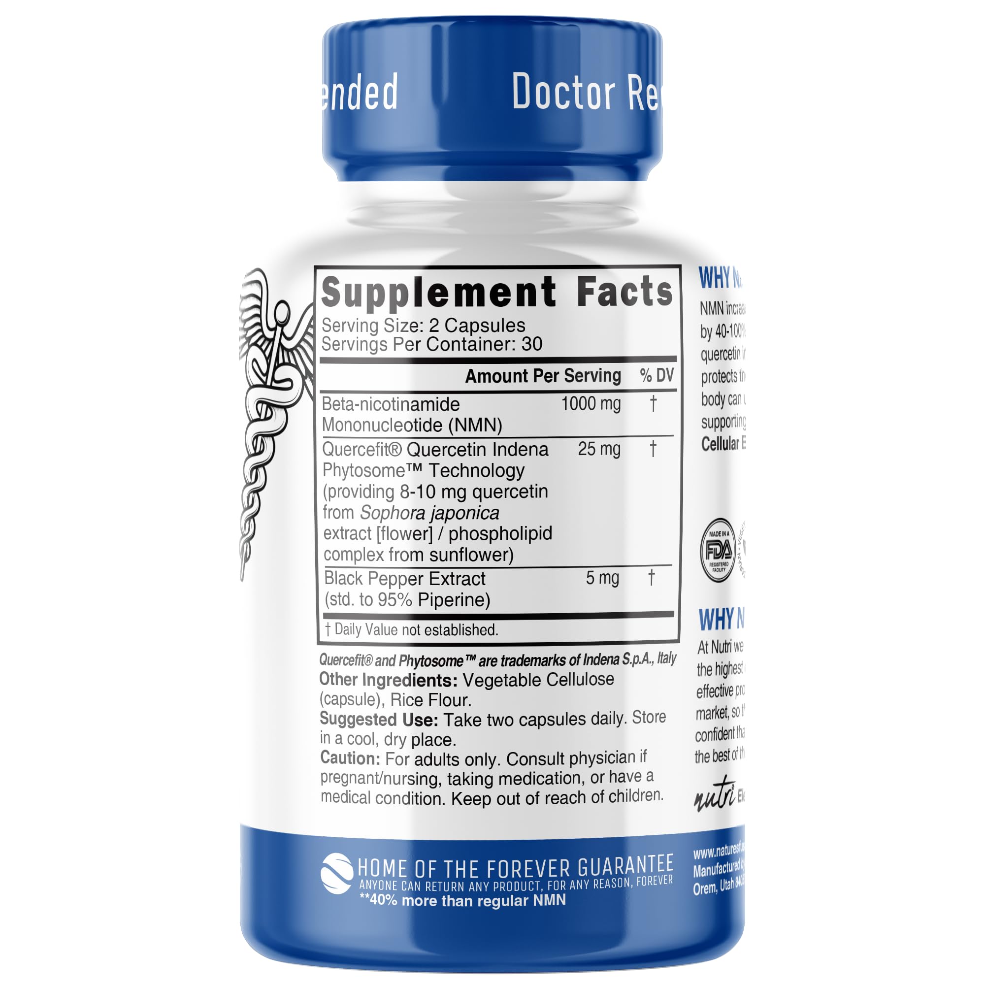NMN Supplement 1000mg NAD Supplement - Nutri Ultra High Absorption Stabilized NMN Nicotinamide Mononucleotide, 40% More NAD+ with Quercetin Phytosome & Black Pepper - mnm supplement (60 Capsules) Nature's Fusions Au supplements