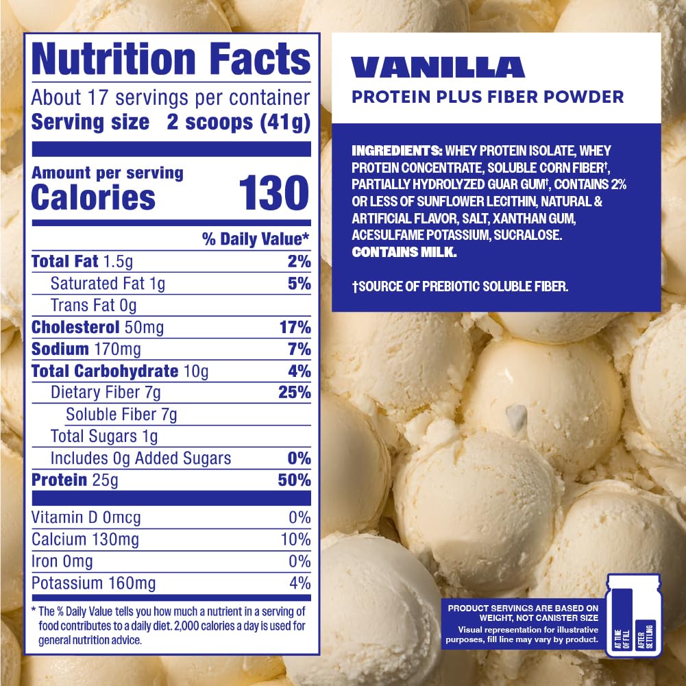 Premier Protein Powder Plus Fiber, Vanilla, 25g Protein, 7g Fiber to Support Gut Health, No Added Sugar (17 Servings)