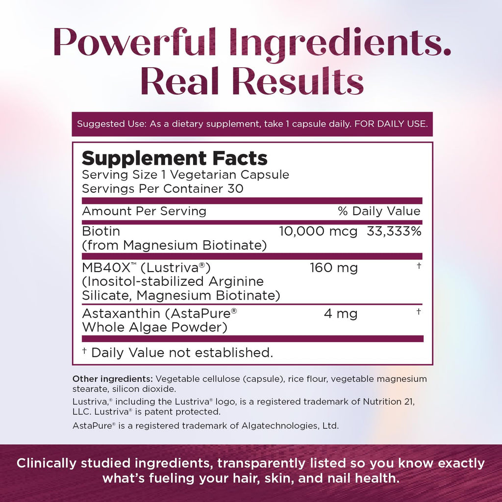 Purity Products MyBiotin ProClinical – Thicker Hair Starting in 3 Weeks & Fights Wrinkles - MB40X Patented Biotin Vitamin B7 Matrix w/Astaxanthin
