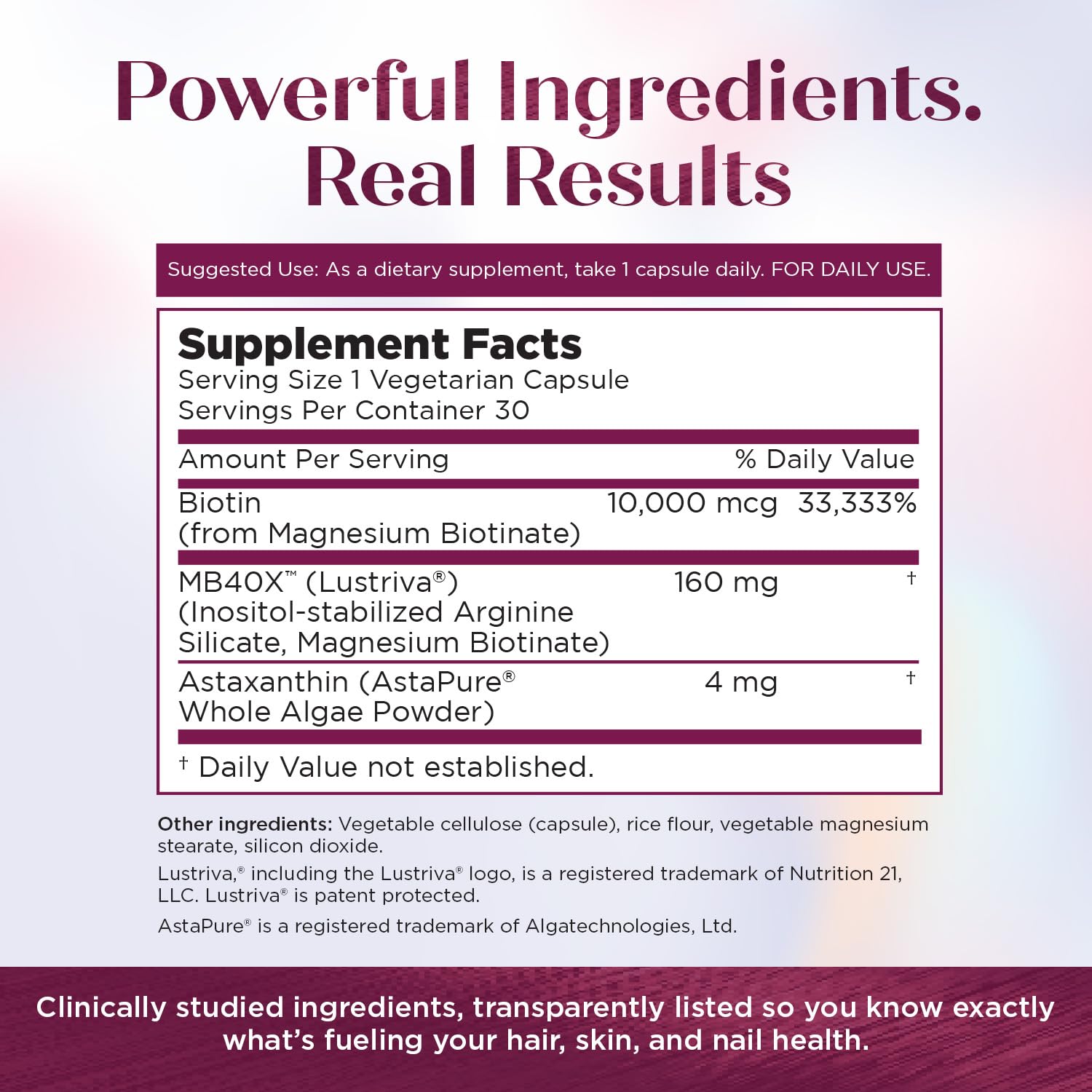 Purity Products MyBiotin ProClinical – Thicker Hair Starting in 3 Weeks & Fights Wrinkles - MB40X Patented Biotin Vitamin B7 Matrix w/Astaxanthin