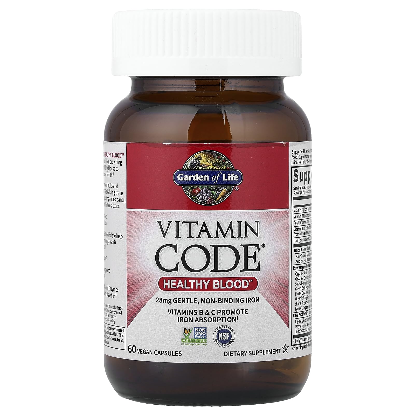 Garden of Life Vitamin Code Healthy Blood - Iron Supplement for Women, 60 Vegan Capsules, with Vitamins B, C, Trace Minerals