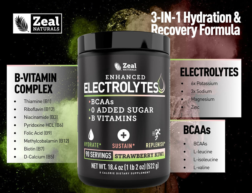 Zeal Electrolyte Powder - 90 Servings | Keto Electrolytes Powder | Zero Sugar, BCAAs, B-Vitamins | Potassium, Zinc, Magnesium