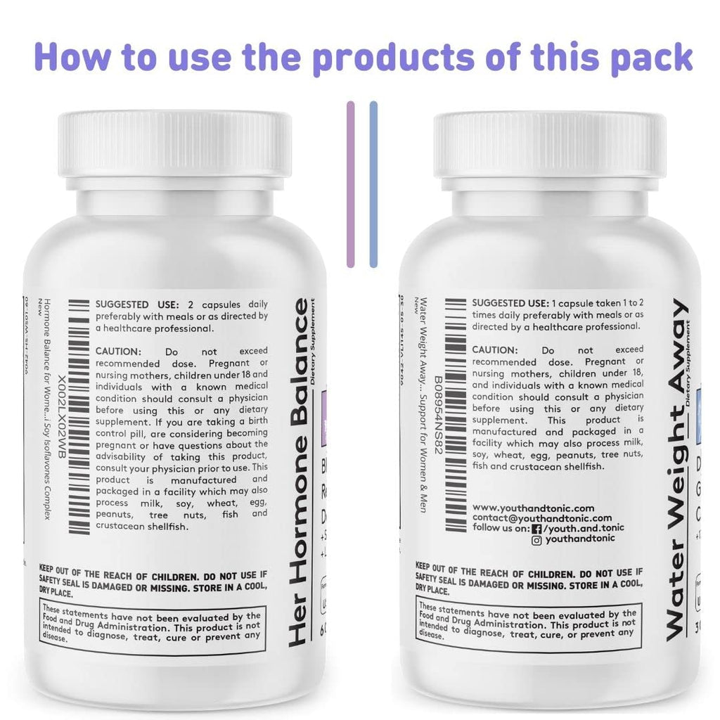 Youth & Tonic PMS & Menopause Bloating Relief Duo – Support for Puffiness, Hormonal Balance & Fluid Retention – Her Hormone Balance + Water Weight Away Natural Herbs for Women, 90 Capsules Youth & Tonic Au supplements