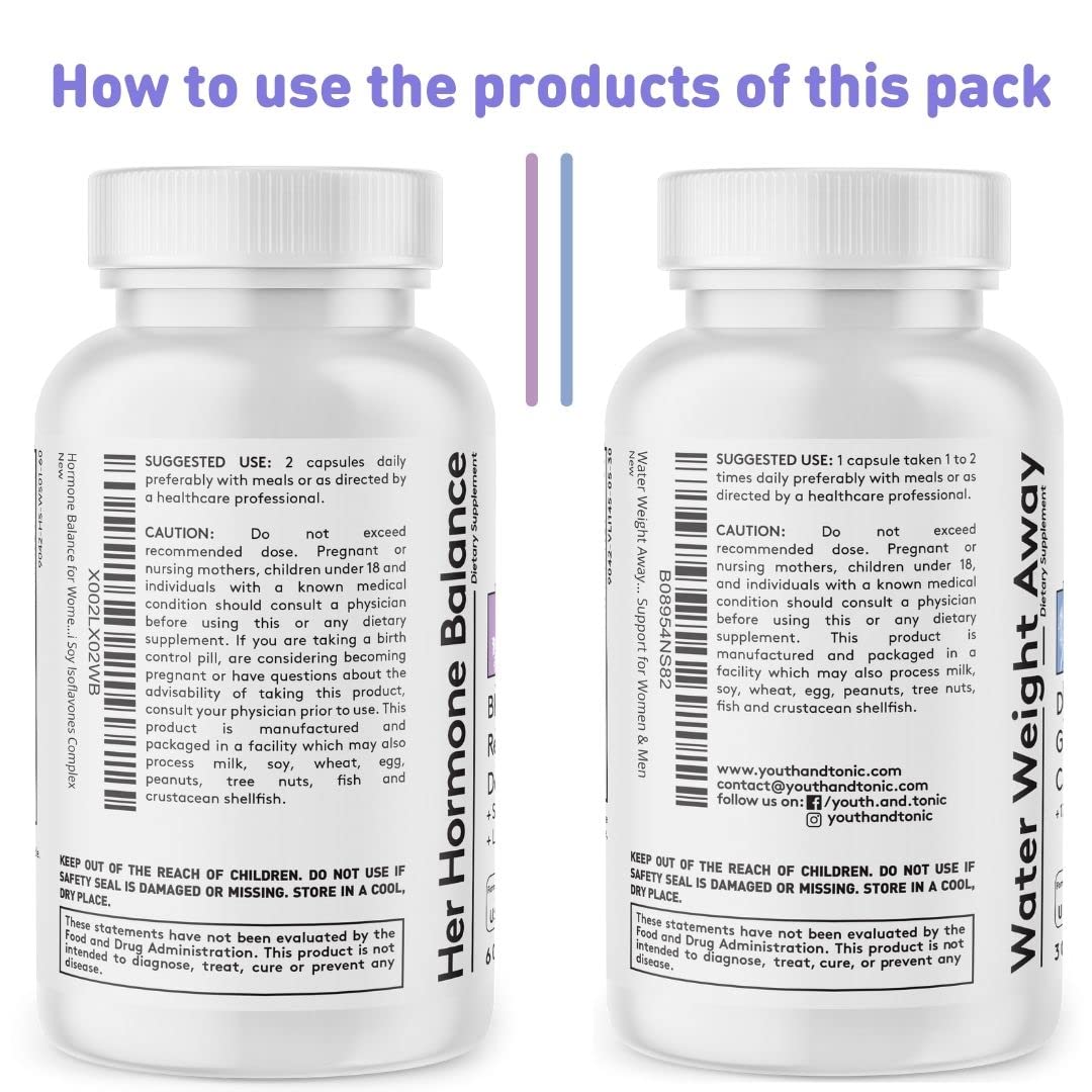 Youth & Tonic PMS & Menopause Bloating Relief Duo – Support for Puffiness, Hormonal Balance & Fluid Retention – Her Hormone Balance + Water Weight Away Natural Herbs for Women, 90 Capsules Youth & Tonic Au supplements