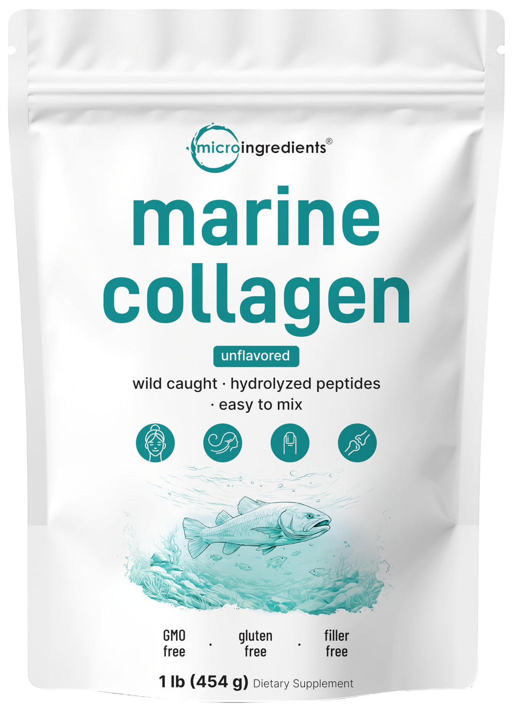 Micro Ingredients Marine Collagen Peptides Powder, 1 lb | Type I Marine Collagen + Natural Protein | Wild-Caught Fish Source