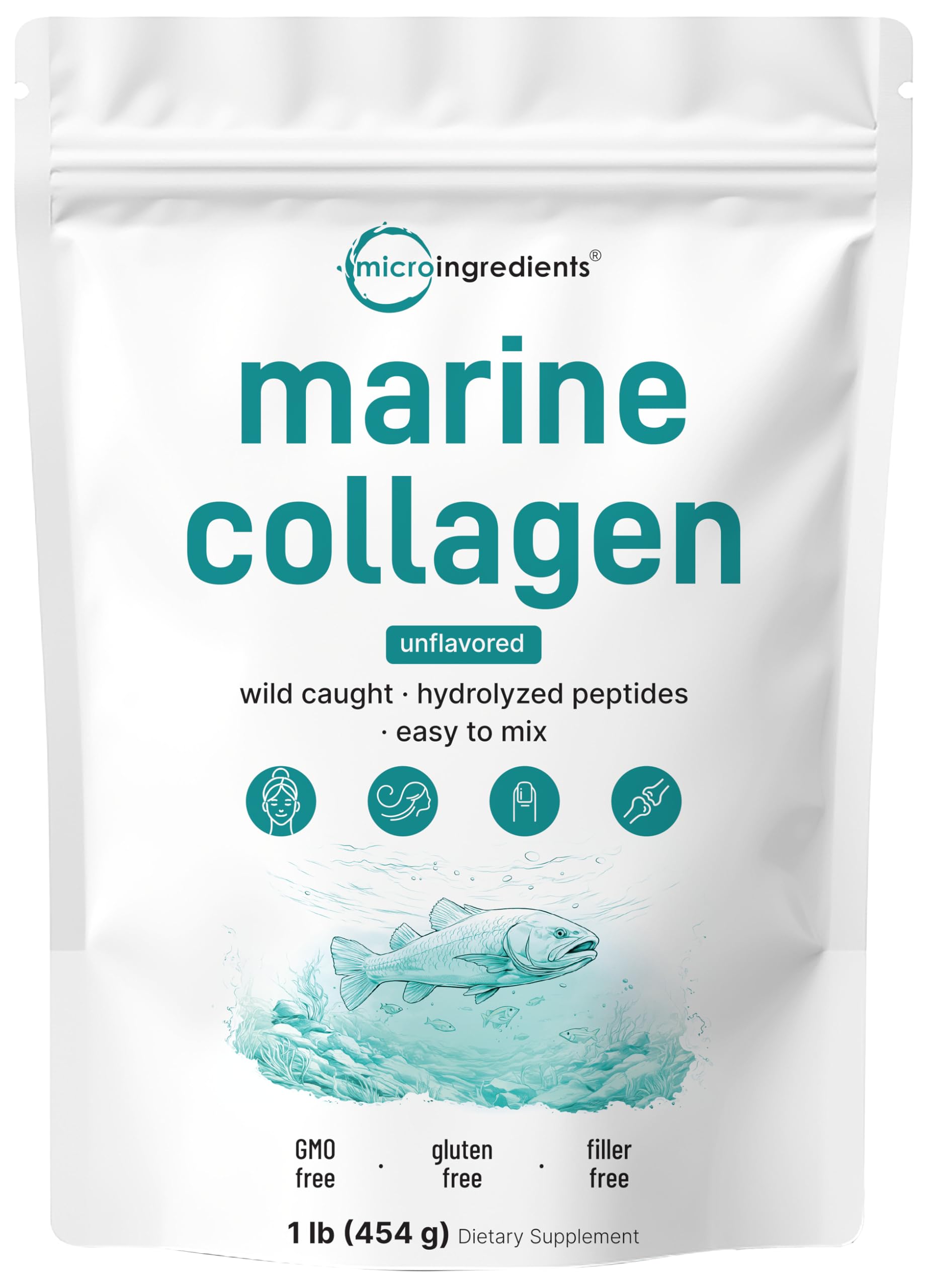 Micro Ingredients Marine Collagen Peptides Powder, 1 lb | Type I Marine Collagen + Natural Protein | Wild-Caught Fish Source