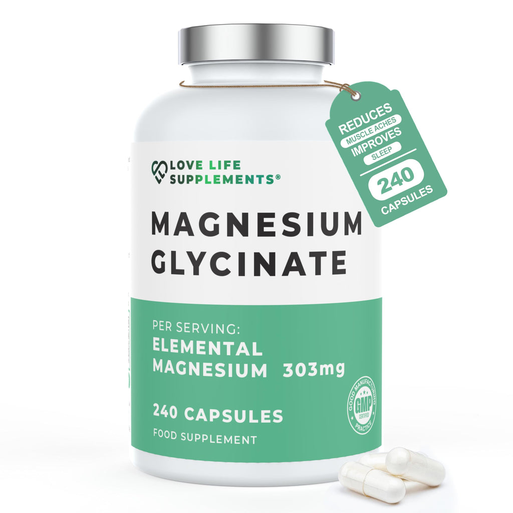 Love Life Supplements Pure Magnesium Glycinate (Bisglycinate), 240 Vegan Capsules, 2 Month Supply, High Strength 300mg Elemental