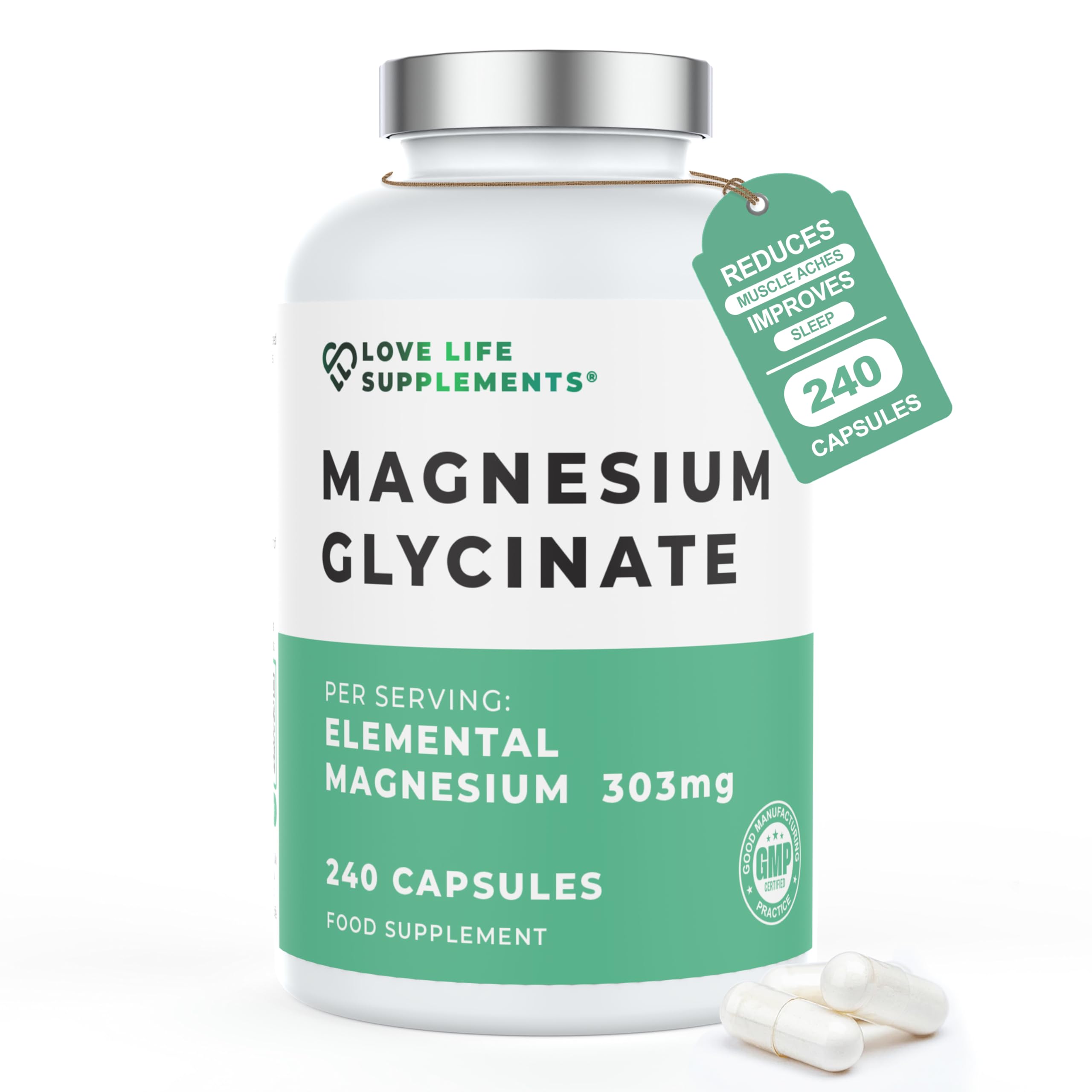 Love Life Supplements Pure Magnesium Glycinate (Bisglycinate), 240 Vegan Capsules, 2 Month Supply, High Strength 300mg Elemental