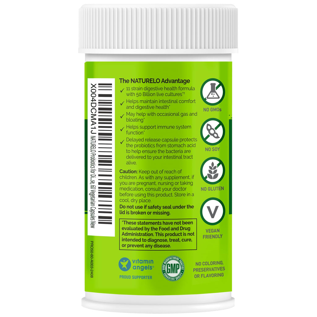 NATURELO Probiotics for Digestive Health - 50 Billion CFU, 11 Strains, Daily Use Supplement - Boosts Immune System, Delayed Release,