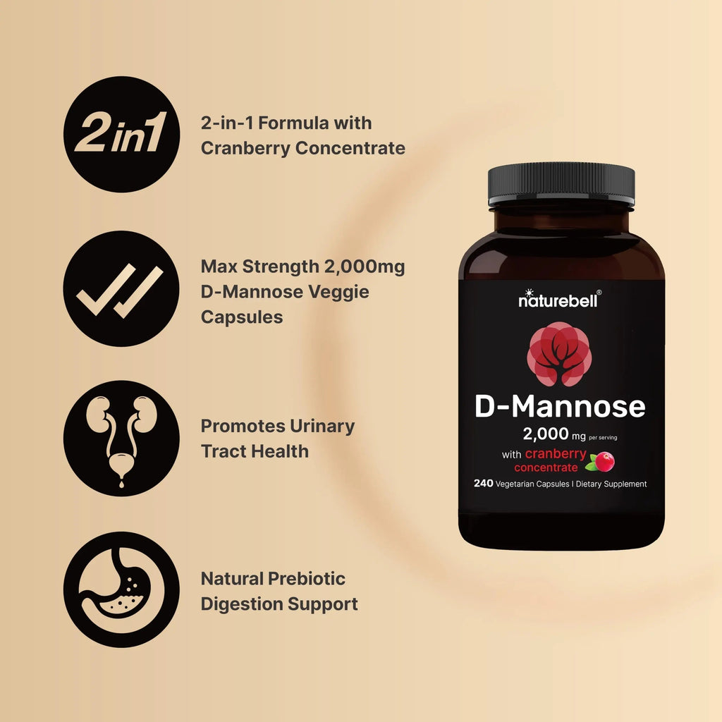 NatureBell D-Mannose 500mg Capsules (2,000mg Per Serving) | 240 Veggie Capsules + Cranberry Concentrate 40mg – Fast Acting Urinary Tract Health Pills – Ultra UTI Support for Women & Men NatureBell Au supplements