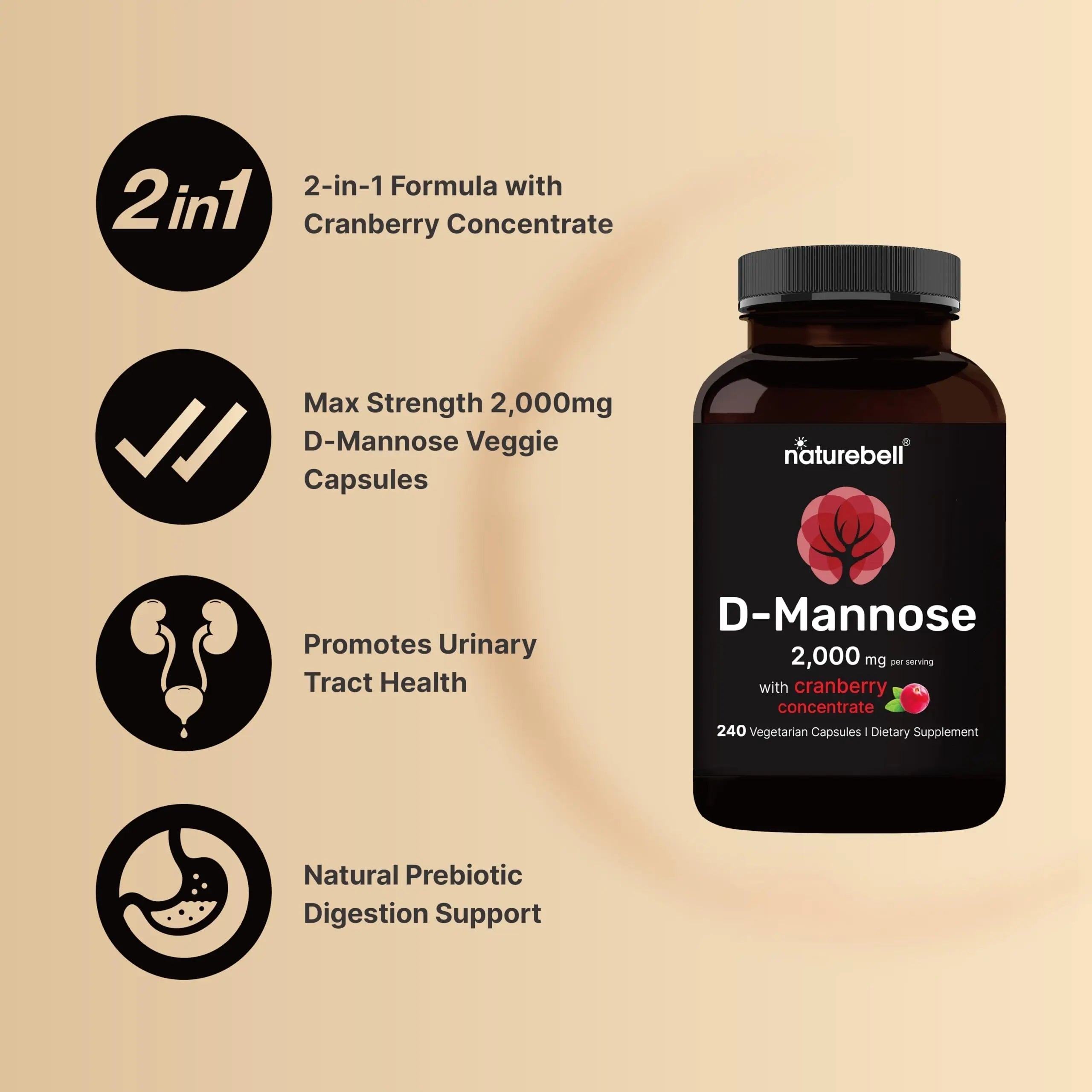 NatureBell D-Mannose 500mg Capsules (2,000mg Per Serving) | 240 Veggie Capsules + Cranberry Concentrate 40mg – Fast Acting Urinary Tract Health Pills – Ultra UTI Support for Women & Men NatureBell Au supplements