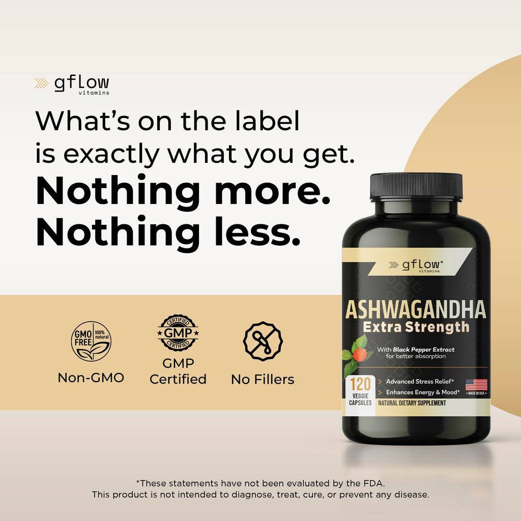gflow vitamins Ashwagandha Supplements for Women and Men | Sleep, Mood and Energy Support | Extra Strength