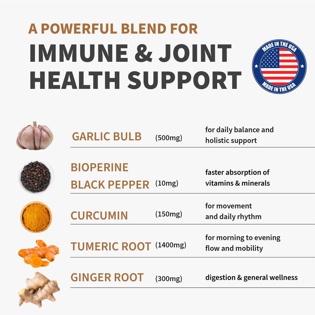 4-in-1 Turmeric Joint Support Supplements with Garlic and BioPerine - 2360 mg High Potency Herbal Blend for Mobility, Everyday Flexibility, Digestive Comfort