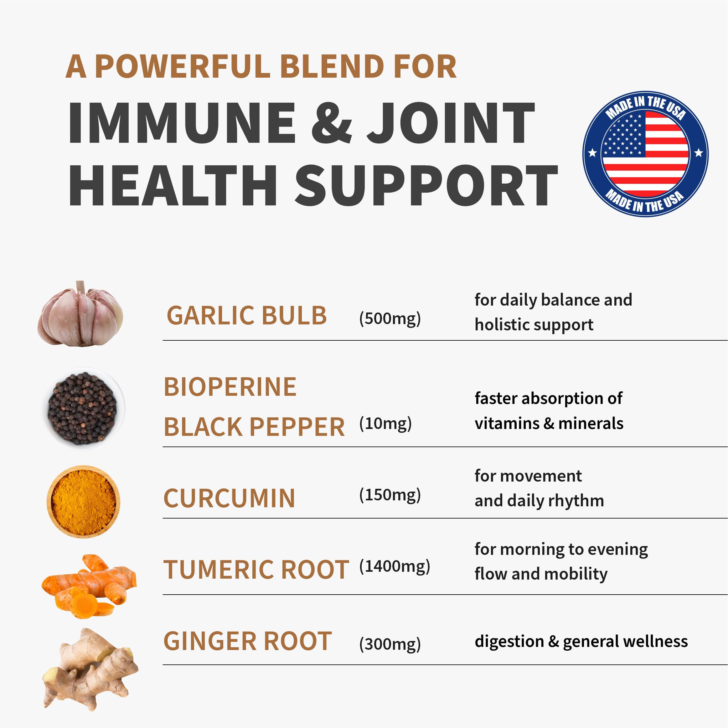 4-in-1 Turmeric Joint Support Supplements with Garlic and BioPerine - 2360 mg High Potency Herbal Blend for Mobility, Everyday Flexibility, Digestive Comfort