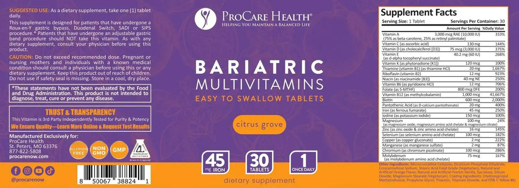 Procare Health Bariatric Multivitamin with Iron 45mg Easy to Swallow 30 Tablets - Post Op Bariatric Vitamins for Gastric Bypass Pills ProCare Health Au supplements