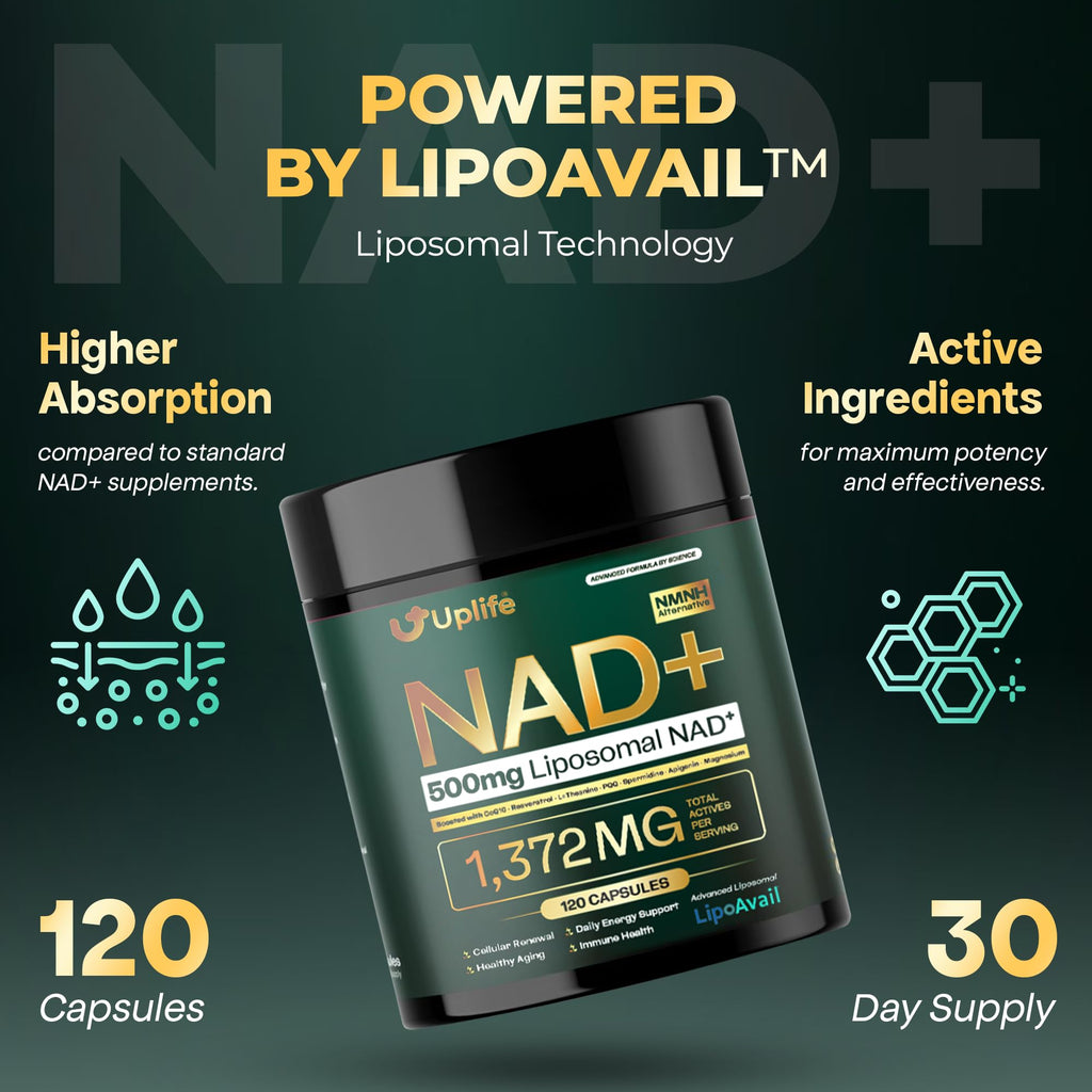 UPLIFE NAD+ Supplement 1,372mg – Liposomal NAD+ with CoQ10, Resveratrol, Spermidine, L-Theanine, Apigenin & PQQ – NMNH Alternative Booster Cellular Energy, Healthy Aging, Immune Health – 120 Capsules UPLIFE Au supplements