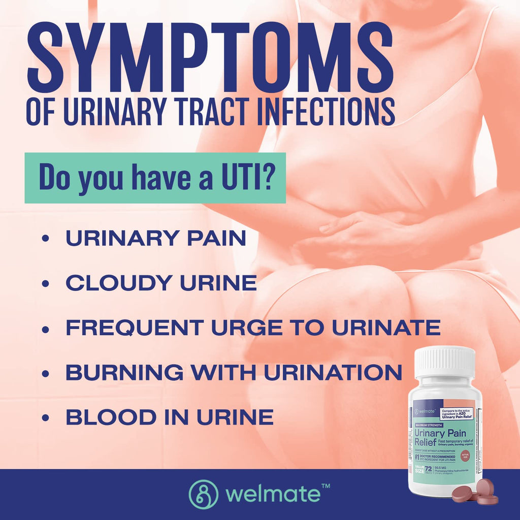 WELMATE Urinary Pain UTI Relief Maximum Strength (Phenazopyridine HCL) - Improve Urinary Tract Health & Bladder Control, Urgency, & Discomfort | Over-The-Counter Medication for Men & Women (72 Pills) WELMATE Au supplements