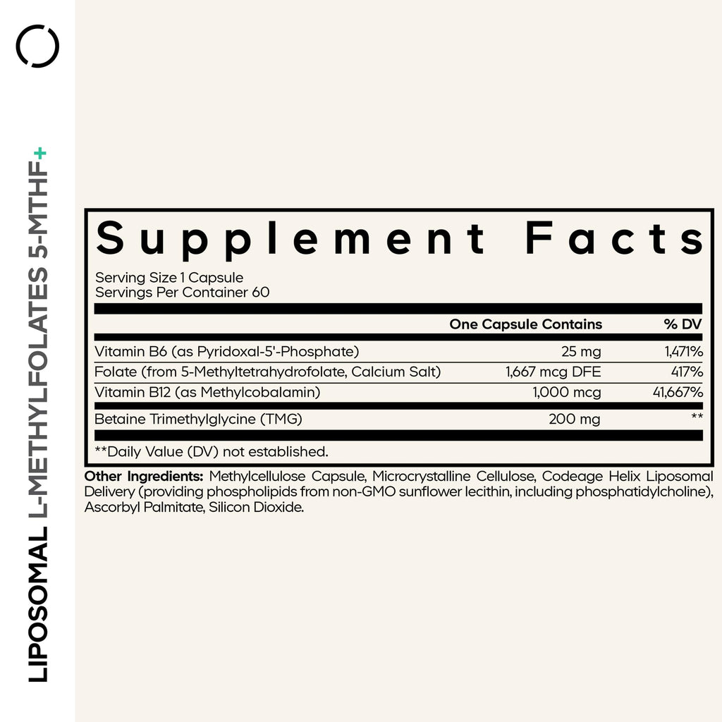 Codeage Liposomal L-Methylfolate 5-MTHF+ - Active Vitamin B9, Methylcobalamin B12, Betaine TMG, B6-2-Month Supply Multivitamins - Liposomal Delivery - Bioavailable B-Vitamin Complex - 60 Capsules Codeage Au supplements
