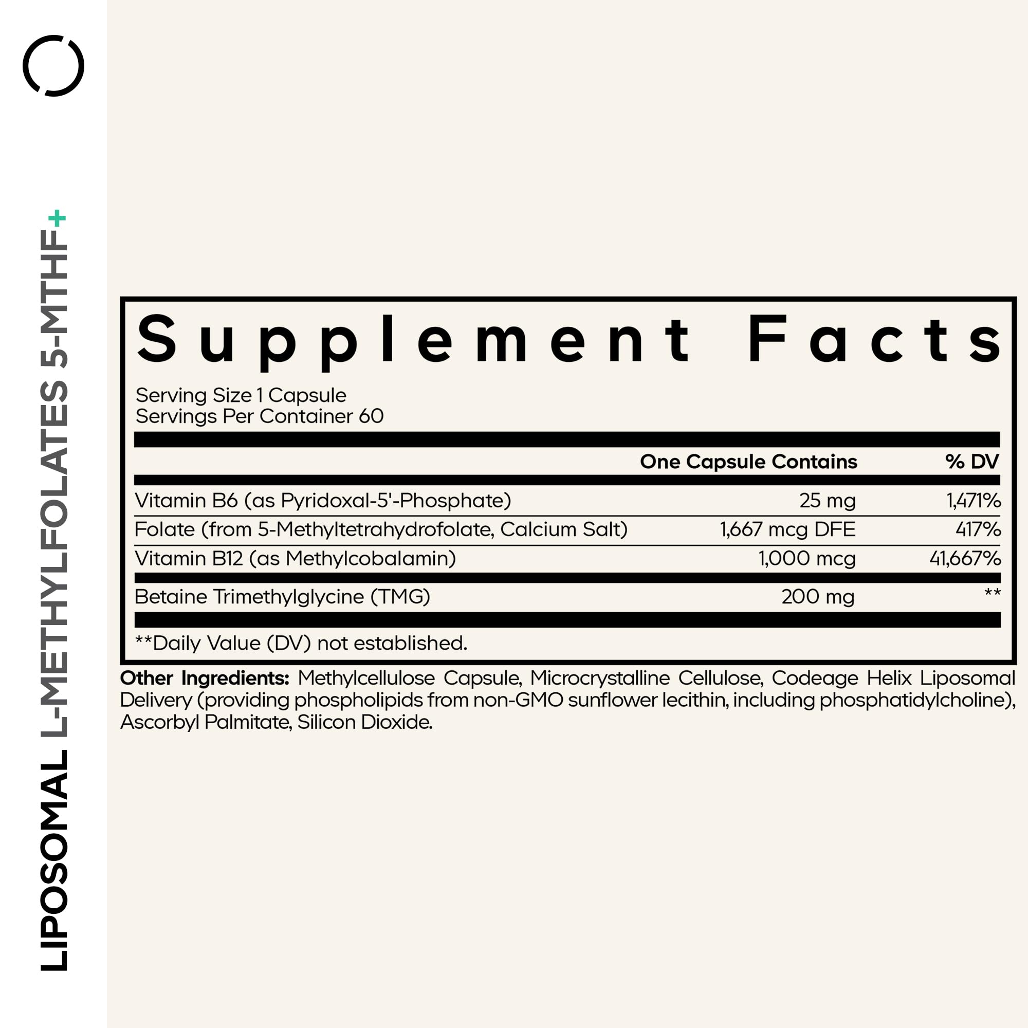 Codeage Liposomal L-Methylfolate 5-MTHF+ - Active Vitamin B9, Methylcobalamin B12, Betaine TMG, B6-2-Month Supply Multivitamins - Liposomal Delivery - Bioavailable B-Vitamin Complex - 60 Capsules Codeage Au supplements