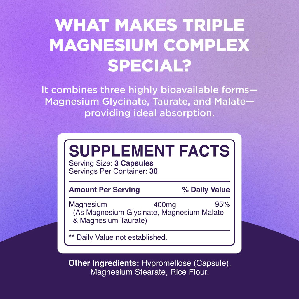 Highly Potent Magnesium Complex Capsules - Triple Magnesium Blend with Taurate Glycinate and Malate - 400mg Supplement Supports Relaxation & Overall Wellness Non-GMO Vegan - 90 Count Phytoral Au supplements
