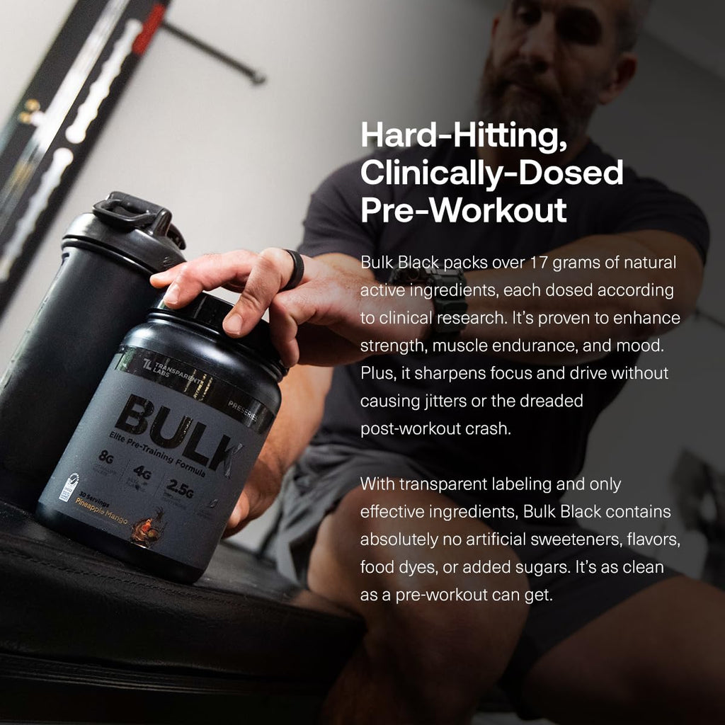 Transparent Labs Bulk Black Pre Workout - Clinically Dosed, Sugar Free Preworkout for Men and Women with Beta Alanine Powder, Citrulline Malate