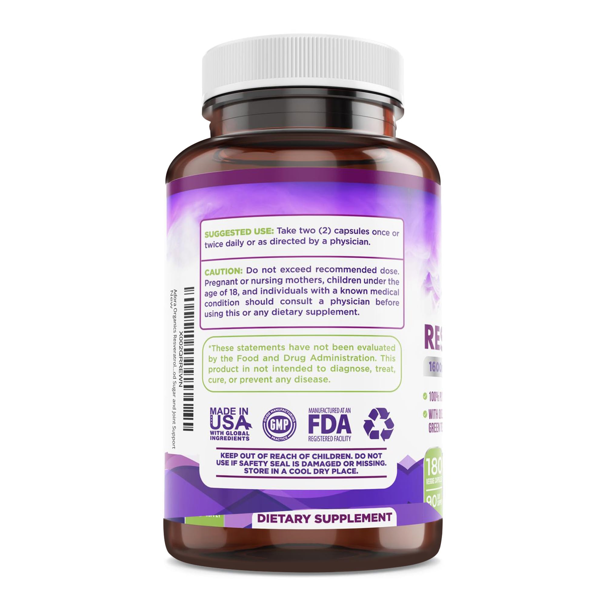 Resveratrol 1600mg - 180 Capsules | Trans-Resveratrol Antioxidant Supplement with Natural Green Tea, Grape Seed Polyphenols & Quercetin, Supports Digestive