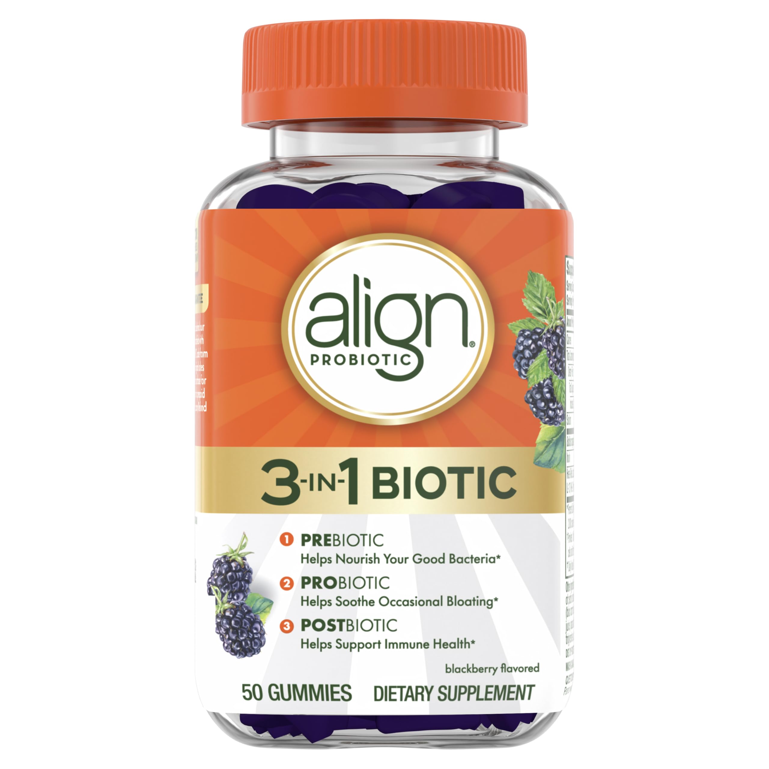 Align Probiotic, 3-in-1 Biotic Gummies, Prebiotic + Probiotic + Postbiotic, #1 Doctor Recommended Probiotic Brand‡, Helps Relieve Occasional Bloating