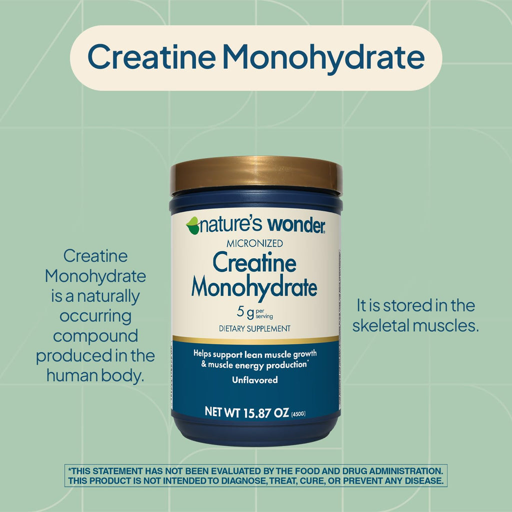 Nature's Wonder Micronized Creatine Monohydrate Powder 5g, Muscle Health, Muscle Energy Production, No Lactose, 5g of Micronized creatine Powder per Serving, 450G, 90 Servings