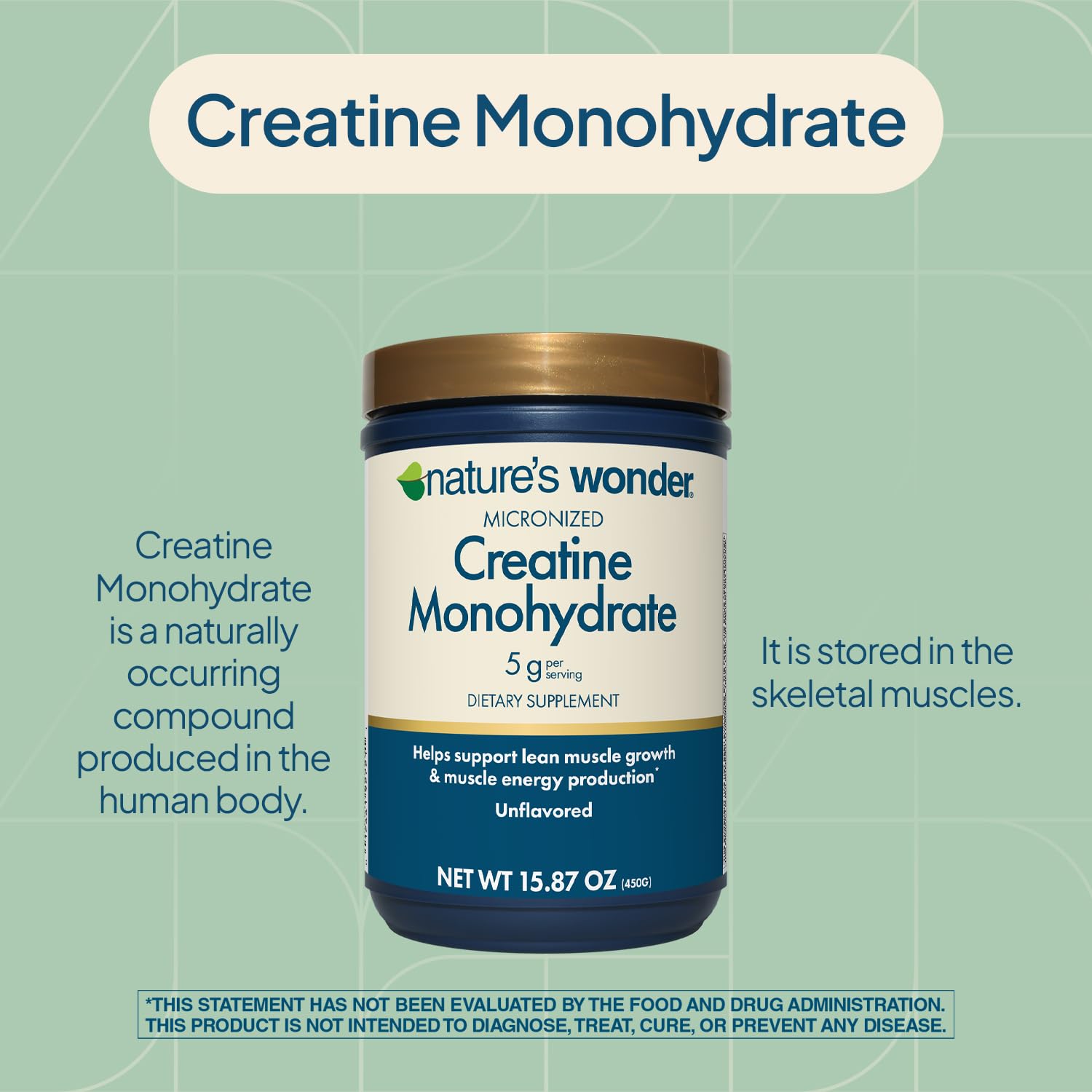 Nature's Wonder Micronized Creatine Monohydrate Powder 5g, Muscle Health, Muscle Energy Production, No Lactose, 5g of Micronized creatine Powder per Serving, 450G, 90 Servings