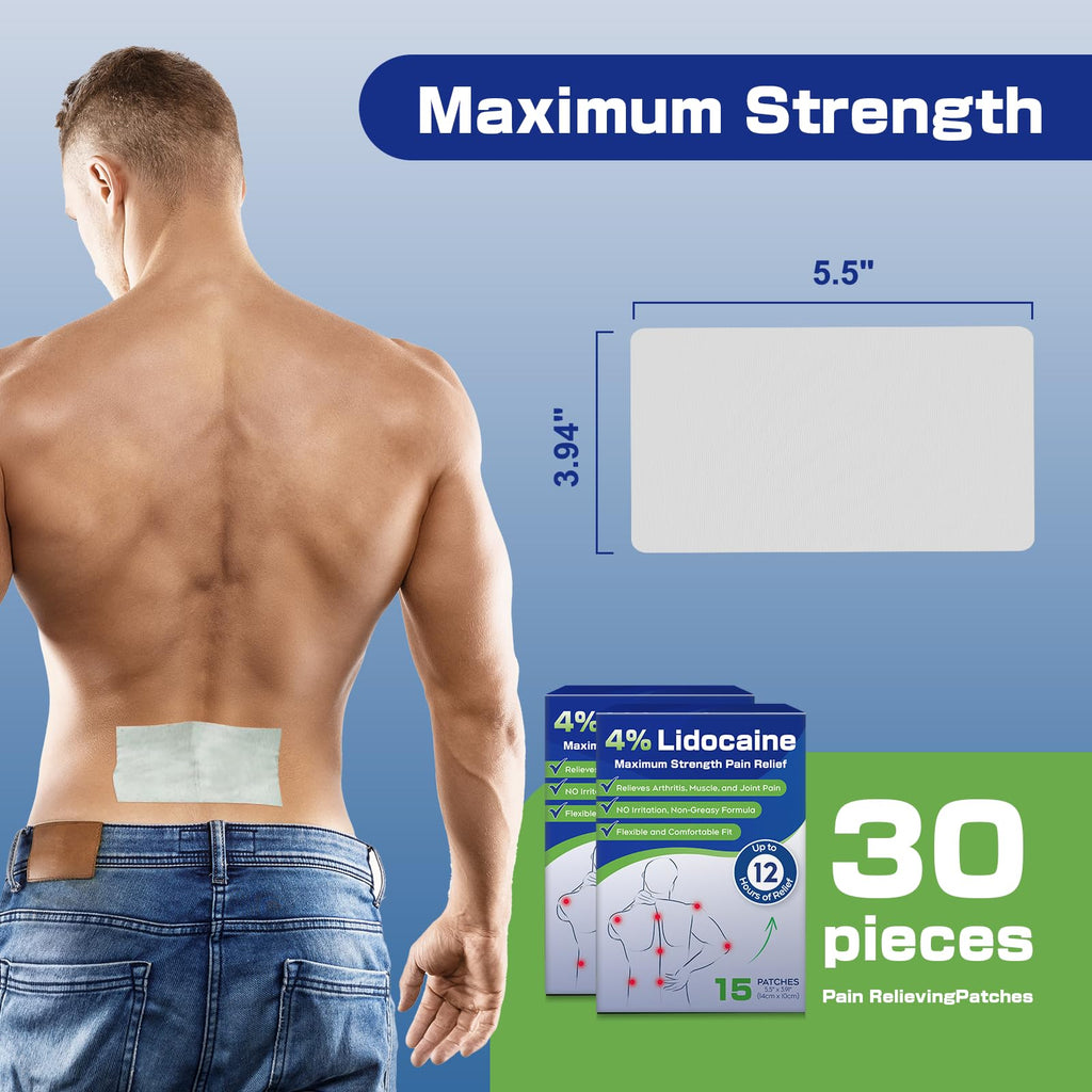 Uposiut 4% Lidocaine Pain Relief Patches 30 Count – Maximum Strength, 12 Hour Long Lasting, Flexible & Low Odor, for Back, Neck, Knee & Shoulder - 002AB Uposiut Au supplements