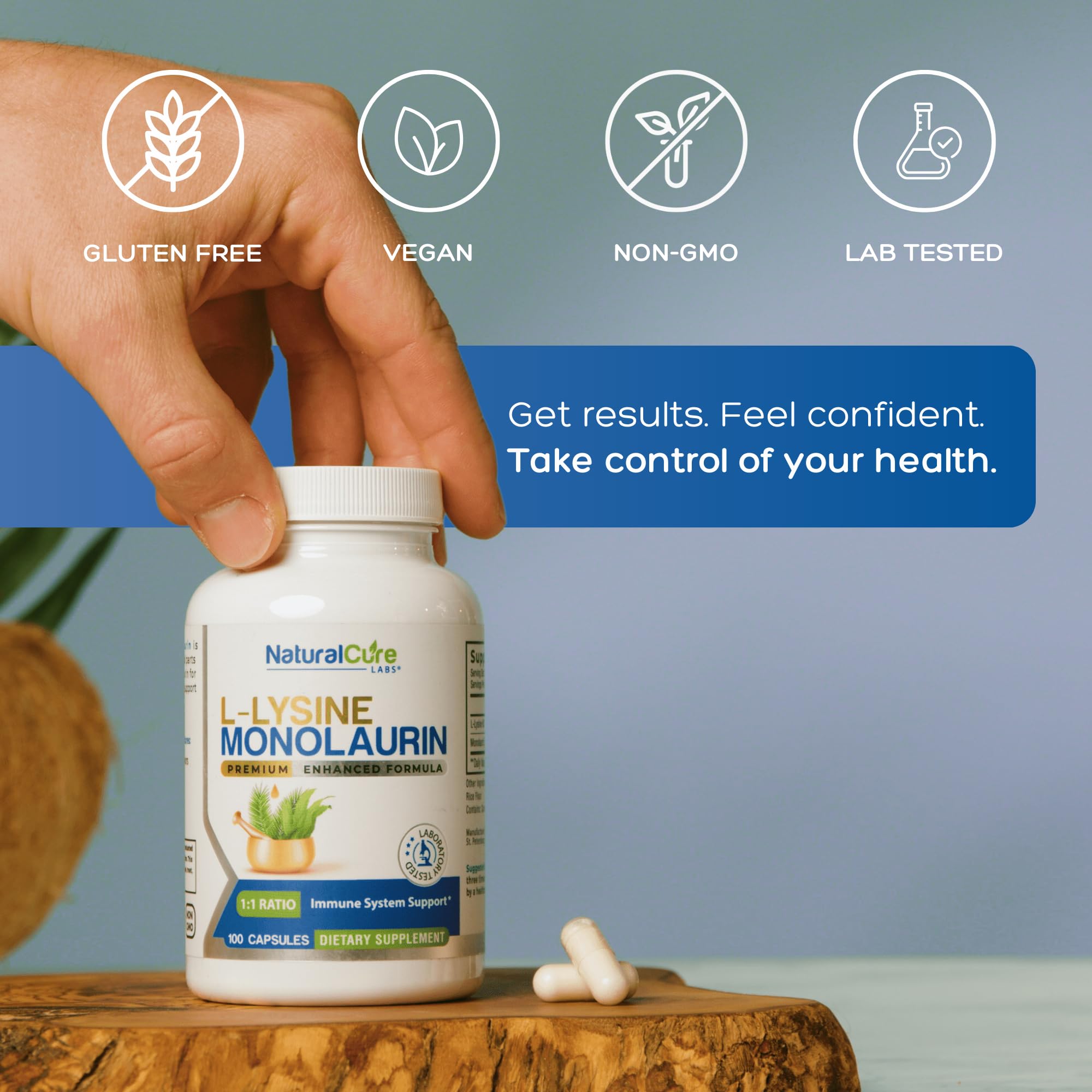 Natural Cure Labs L-Lysine with Monolaurin 600mg 1:1 Ratio, 100 Capsules