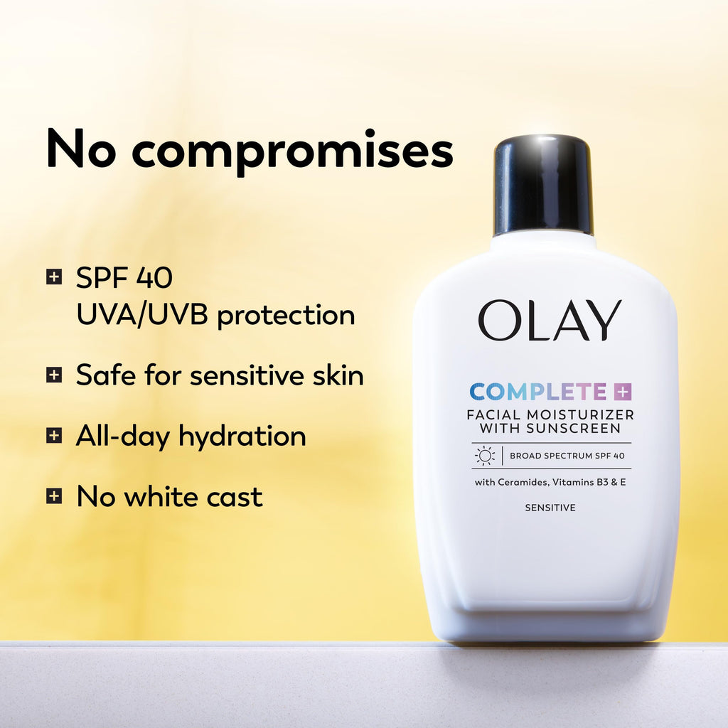 Olay Complete+ Face Moisturizer with Sunscreen SPF 40, For Sensitive Skin, Broad Spectrum Sun Protection, Fragrence-Free
